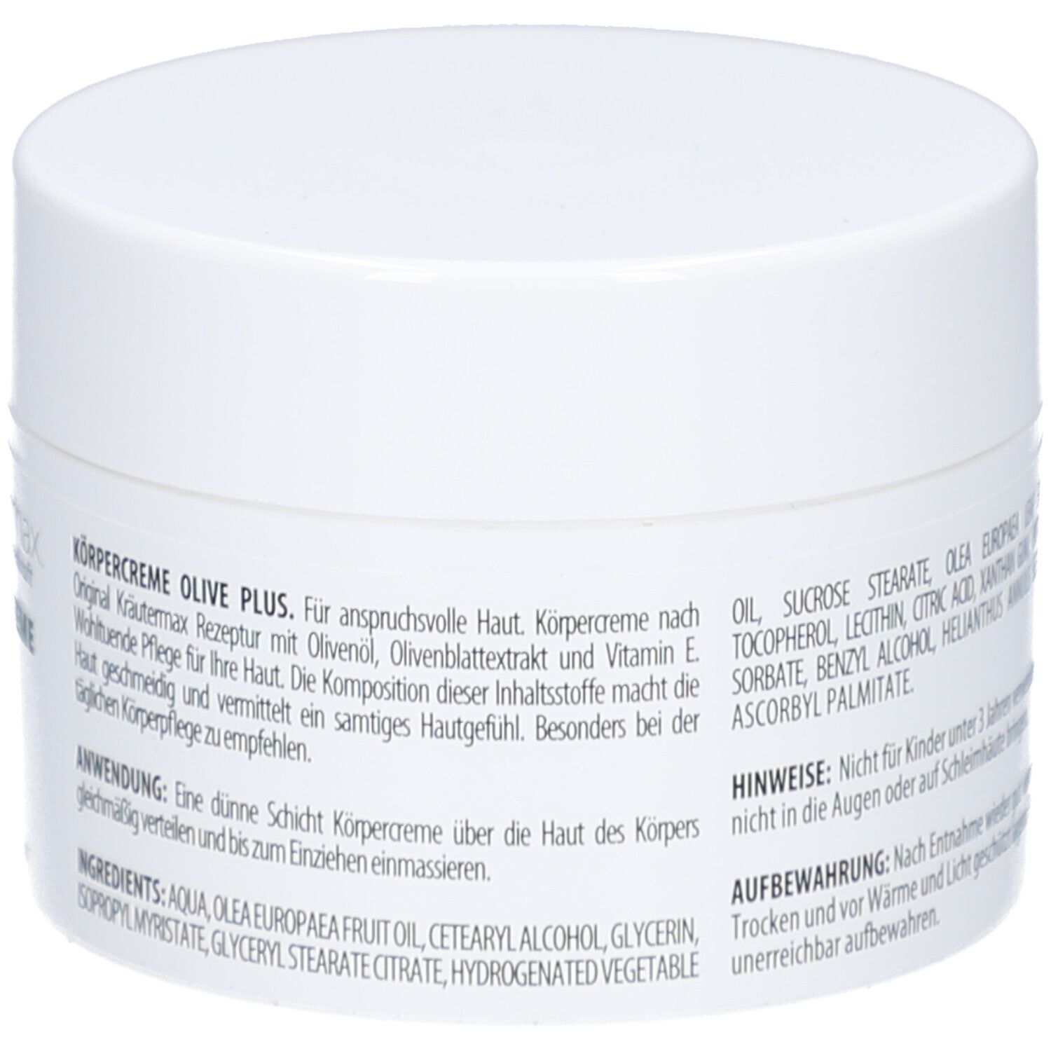 Weiße Dose Kräutermax Körpercreme Olive Plus. Text mit Inhaltsstoffen, Anwendung und Hinweise.