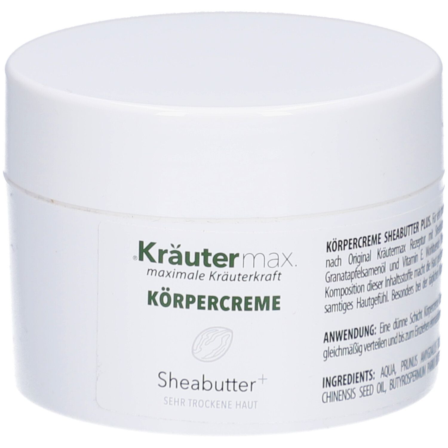 Weiße Dose Kräutermax Körpercreme. Aufkleber mit Produktname und Inhaltsstoffen. Sheabutter Plus für sehr trockene Haut.