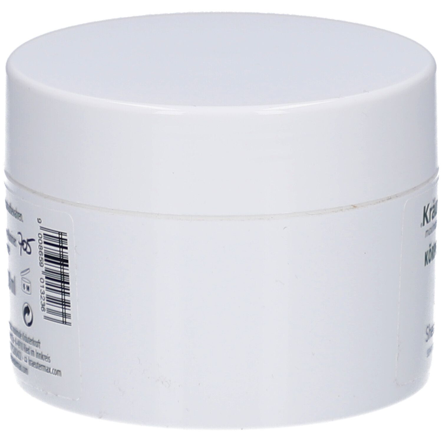 Weiße Dose Kräutermax Körpercreme. Seitenansicht mit Barcode und Text. Produktname und Herstellerinformationen.