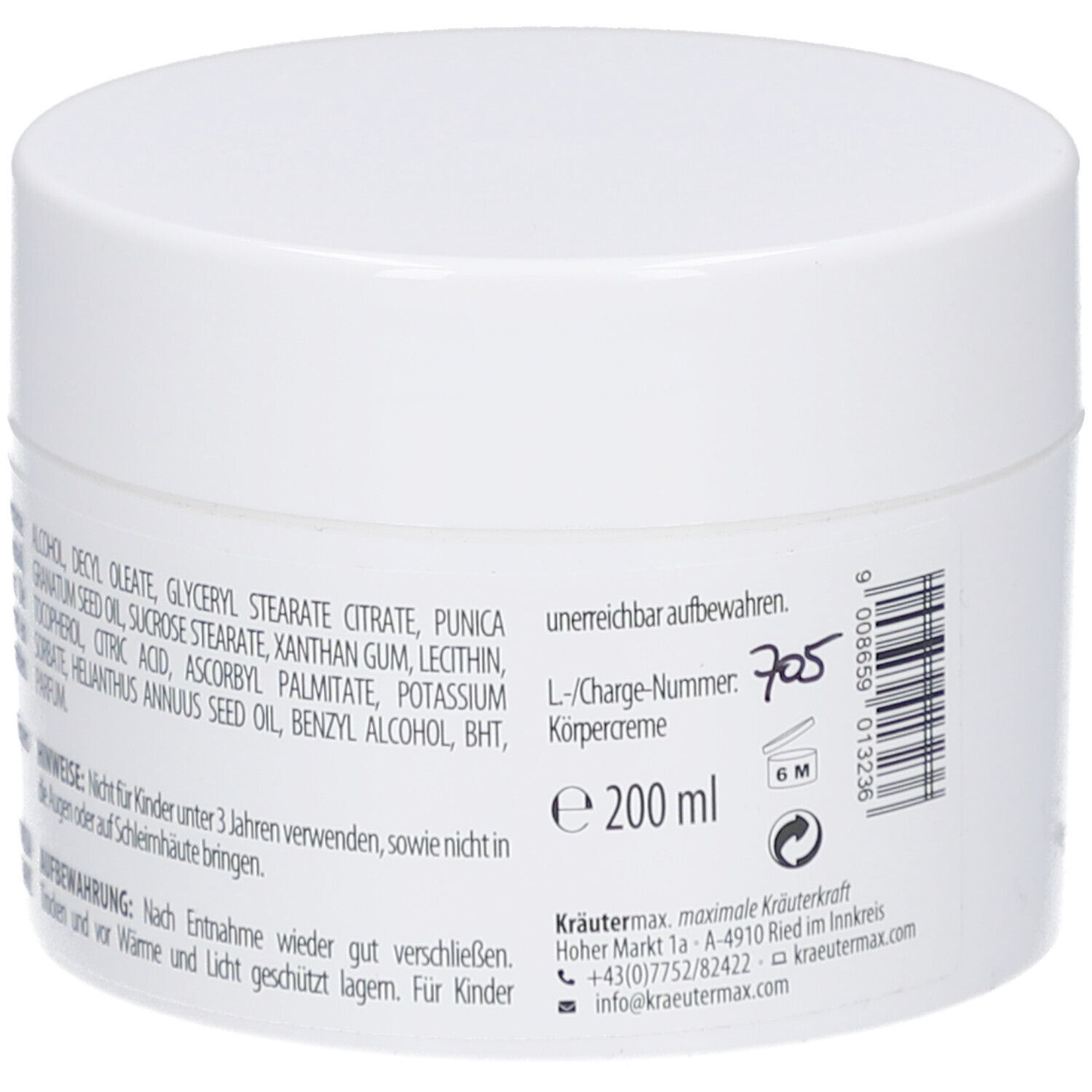 Weiße Dose Kräutermax Körpercreme. Rückseite mit Inhaltsstoffen und Chargennummer. 200 ml.