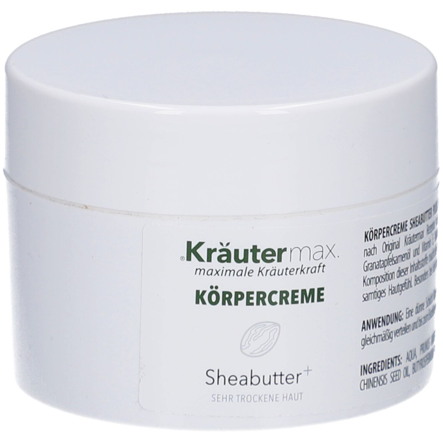 Weiße Dose Kräutermax Körpercreme. Aufkleber mit Produktname und Inhaltsstoffen. Sheabutter Plus für sehr trockene Haut.