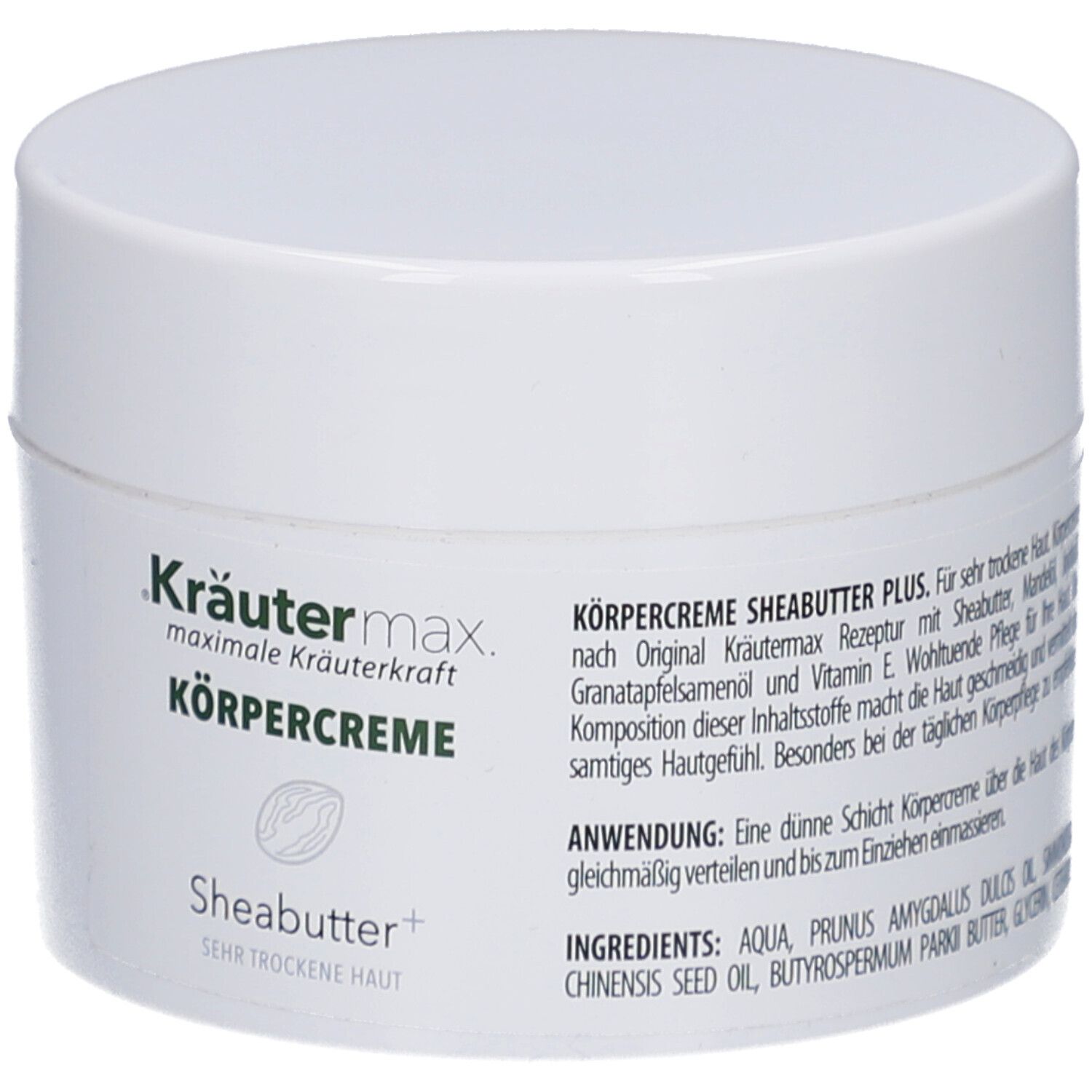 Weiße Dose Kräutermax Körpercreme. Aufkleber mit Produktname und Inhaltsstoffen. Sheabutter Plus für sehr trockene Haut.