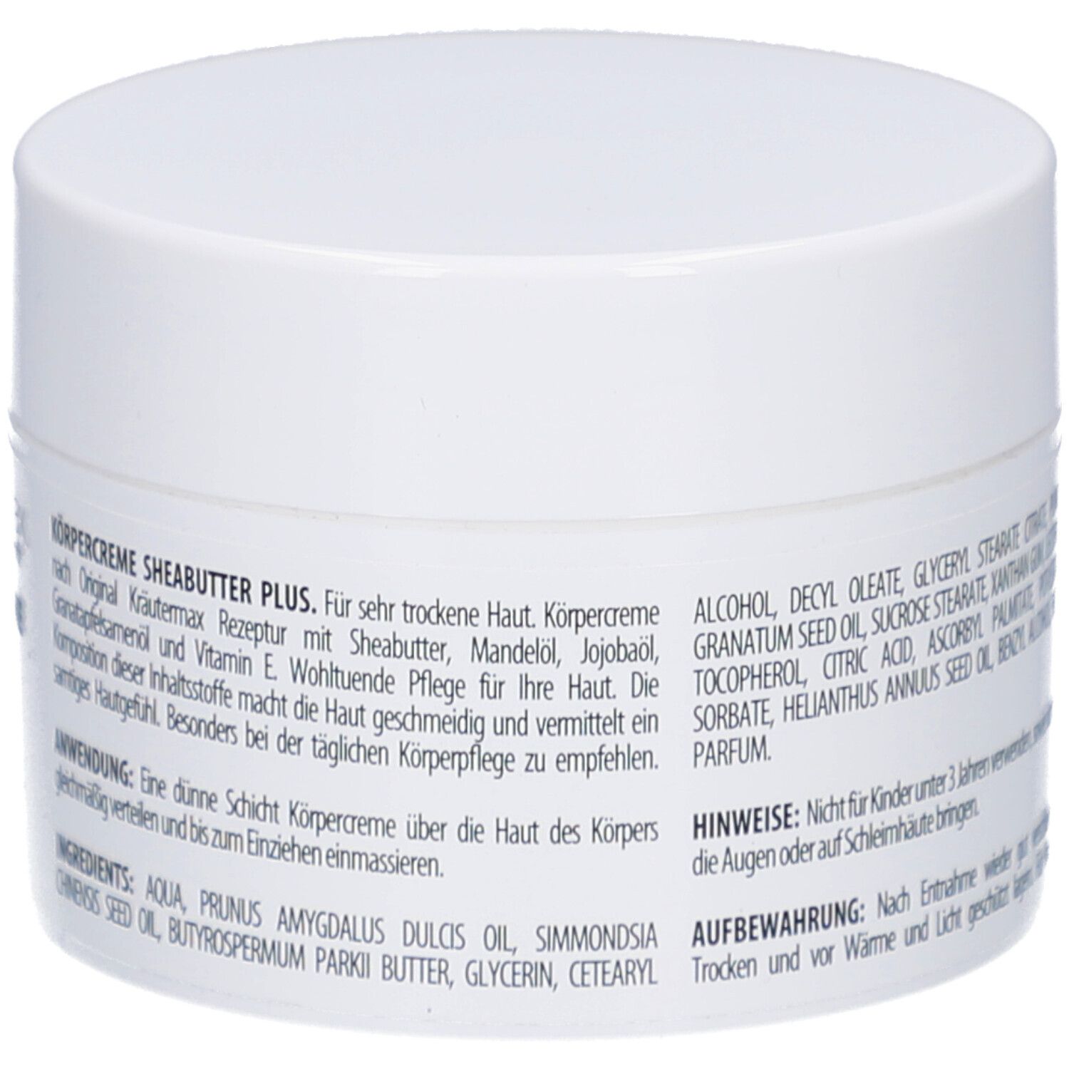 Weiße Dose Kräutermax Körpercreme. Rückseite mit Inhaltsstoffen und Anwendungshinweisen. Sheabutter Plus.