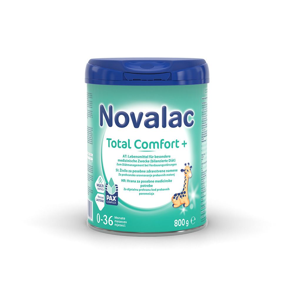 Dose Novalac Total Comfort + für Babys 0-36 Monate. Blaue Deckel, grüne Dose, Giraffen-Illustration, 800g.