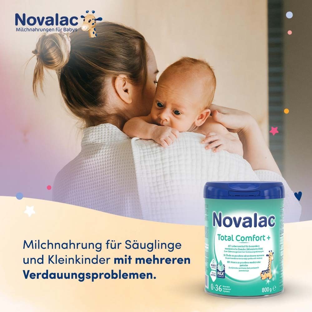 Mutter hält Baby im Arm. Novalac Total Comfort + Dose. Text: Milchnahrung für Säuglinge und Kleinkinder mit Verdauungsproblemen.