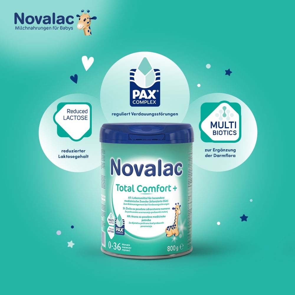 Novalac Total Comfort + Dose. Reduzierter Laktosegehalt, Multi-Biotics, PAX-Komplex. Giraffen-Illustration.