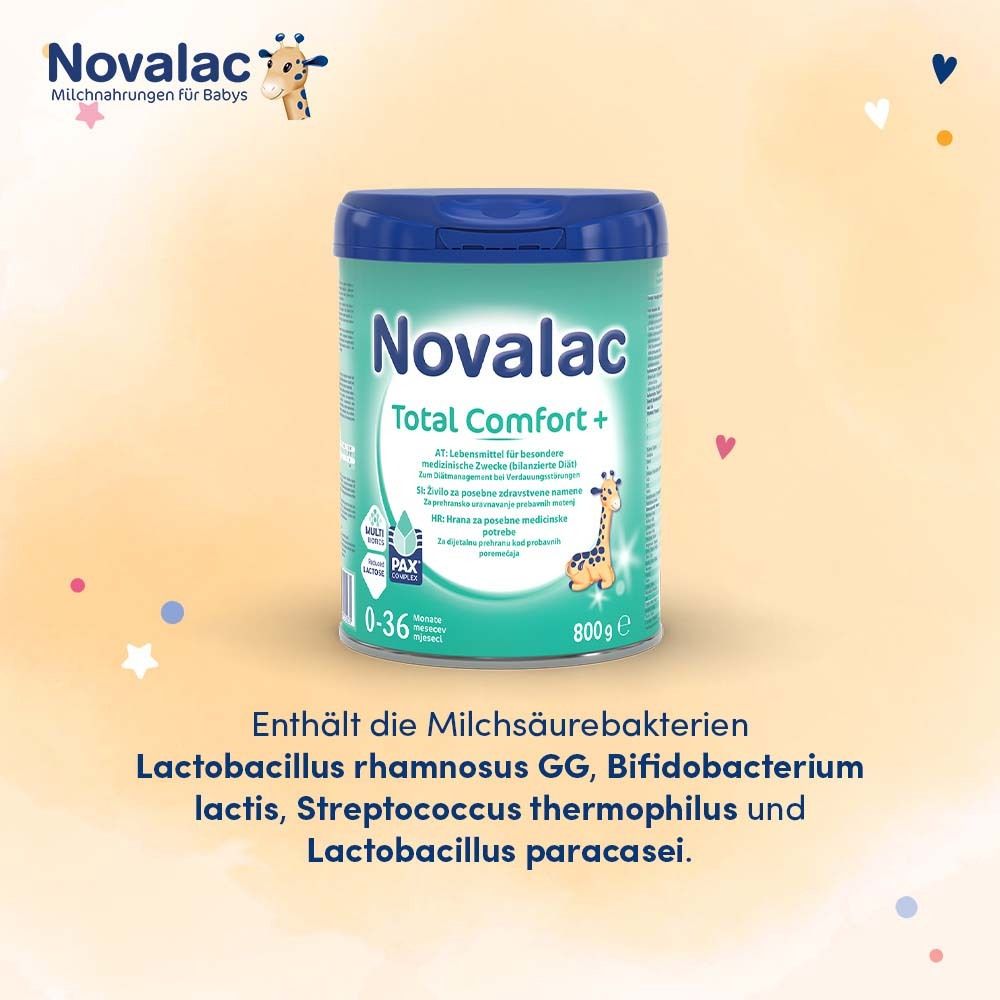 Novalac Total Comfort + Dose. Enthält Lactobacillus rhamnosus GG, Bifidobacterium lactis, Streptococcus thermophilus, Lactobacillus paracasei.