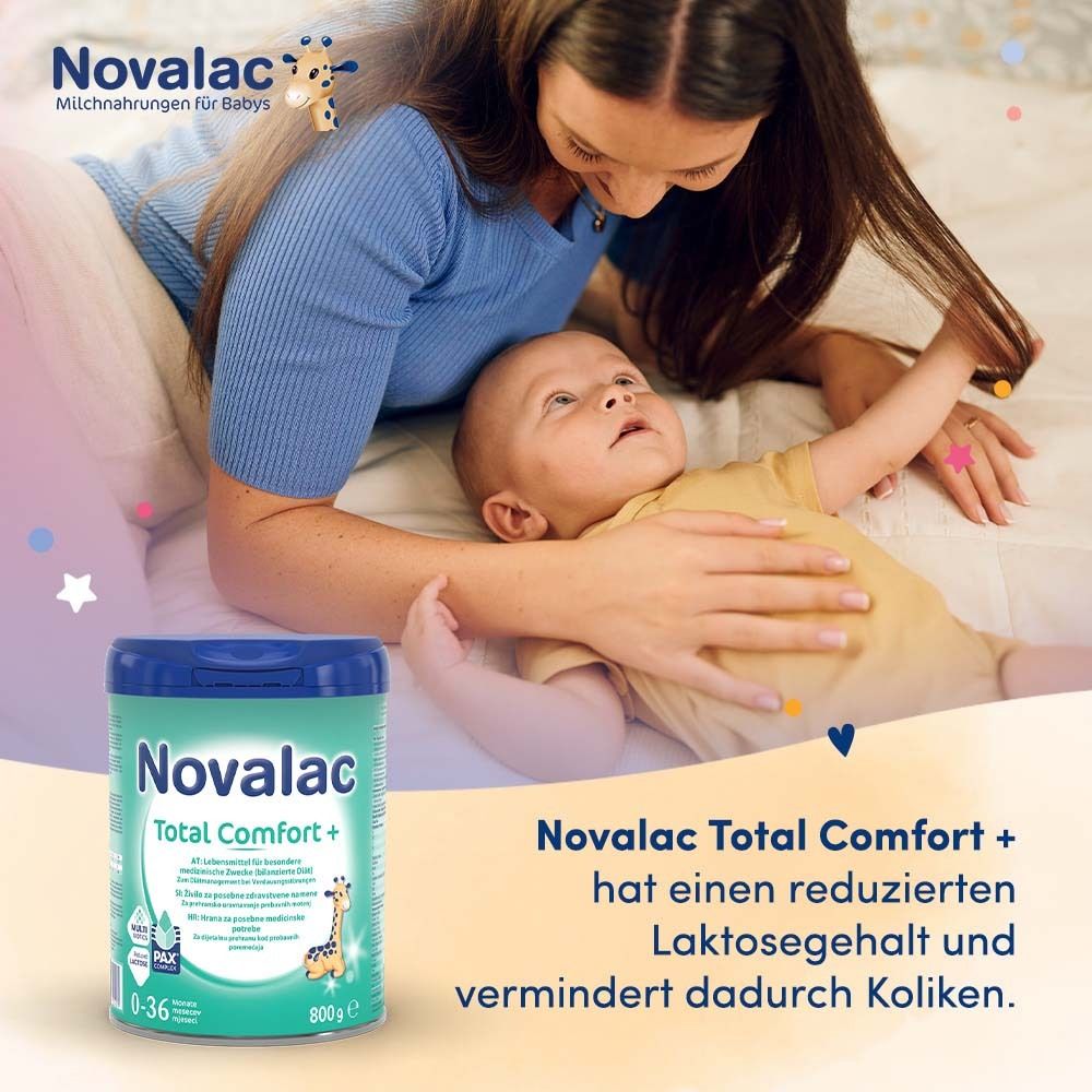 Mutter und Baby. Novalac Total Comfort + Dose. Text: Reduzierter Laktosegehalt und vermindert dadurch Koliken.