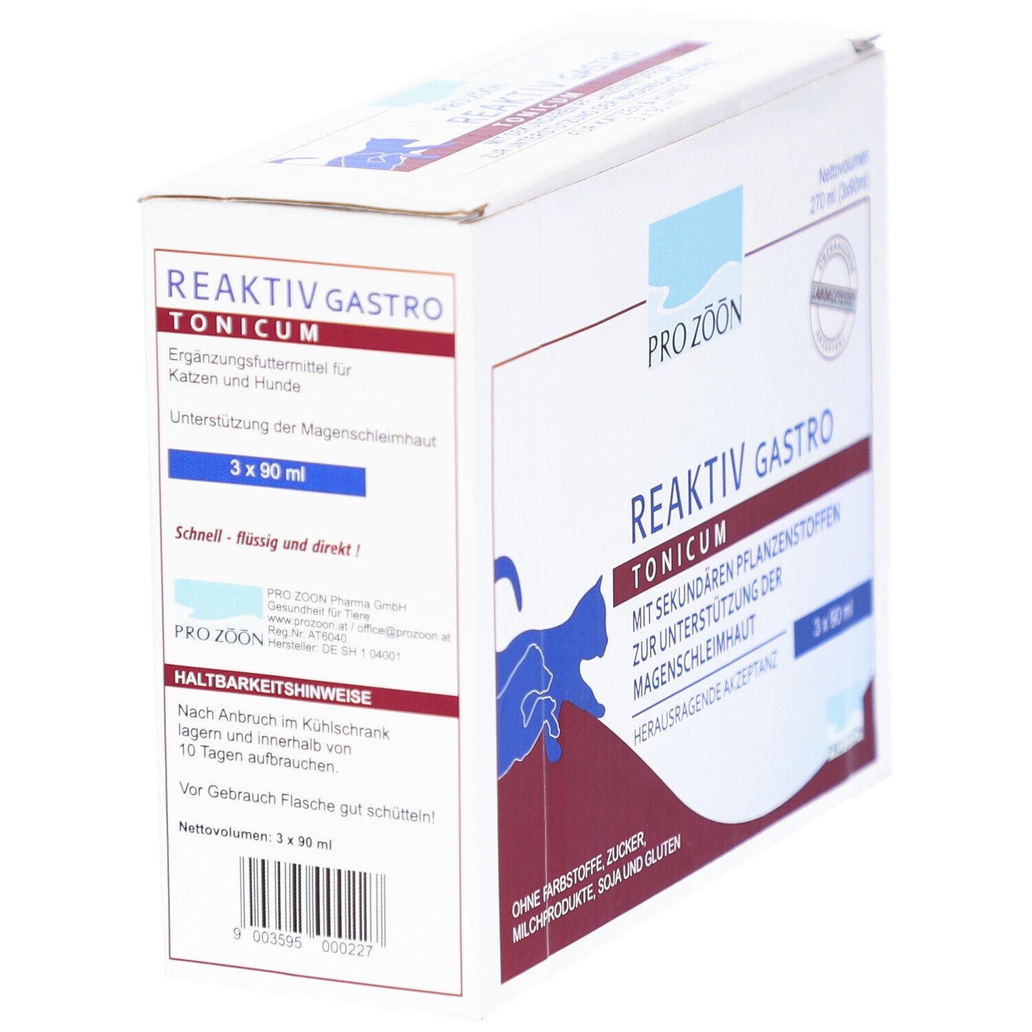 Weißer Karton mit Produktaufdruck. Enthält 3 Flaschen à 90 ml. Aufdruck: Reaktiv Gastro Tonicum. Logo Pro Zoön.
