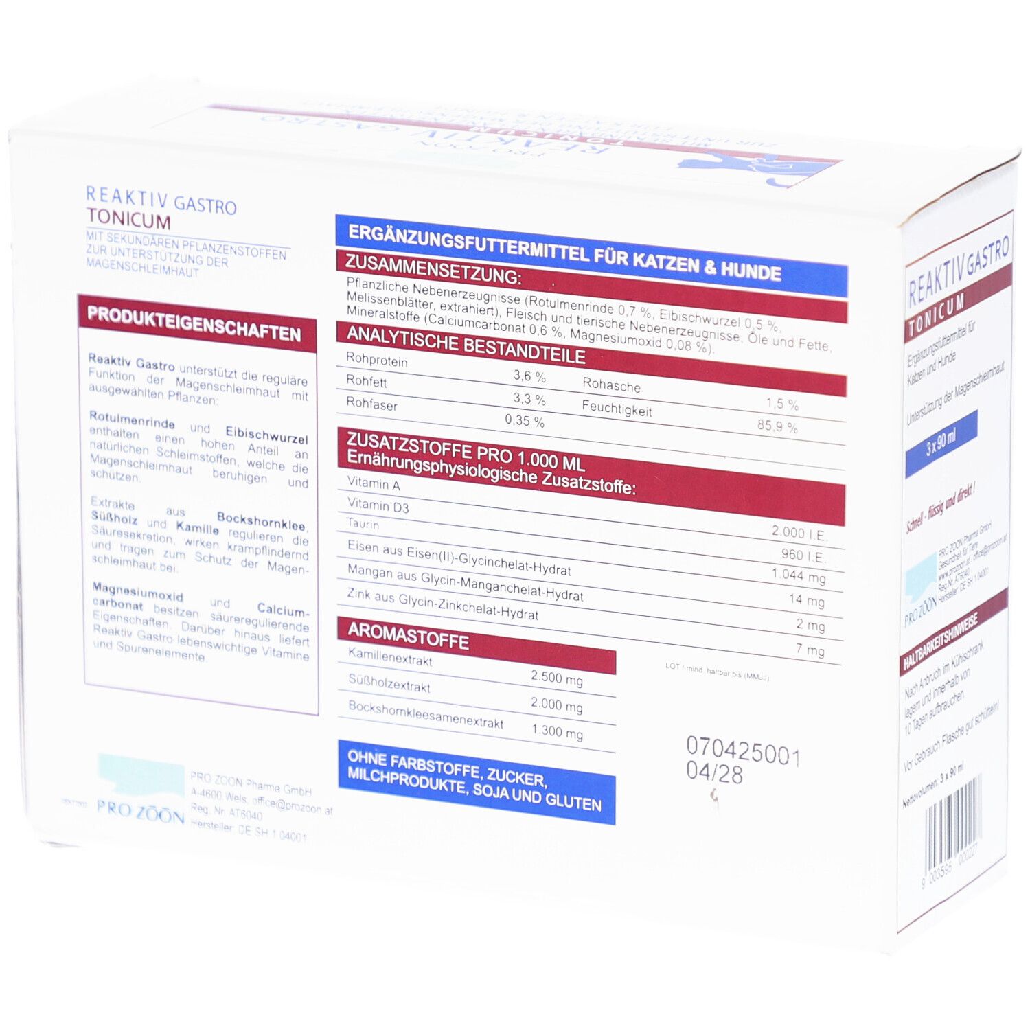 Rückseite des Kartons mit Produktinformationen. Enthält Angaben zu Inhaltsstoffen und Fütterungsempfehlung. Logo Pro Zoön.
