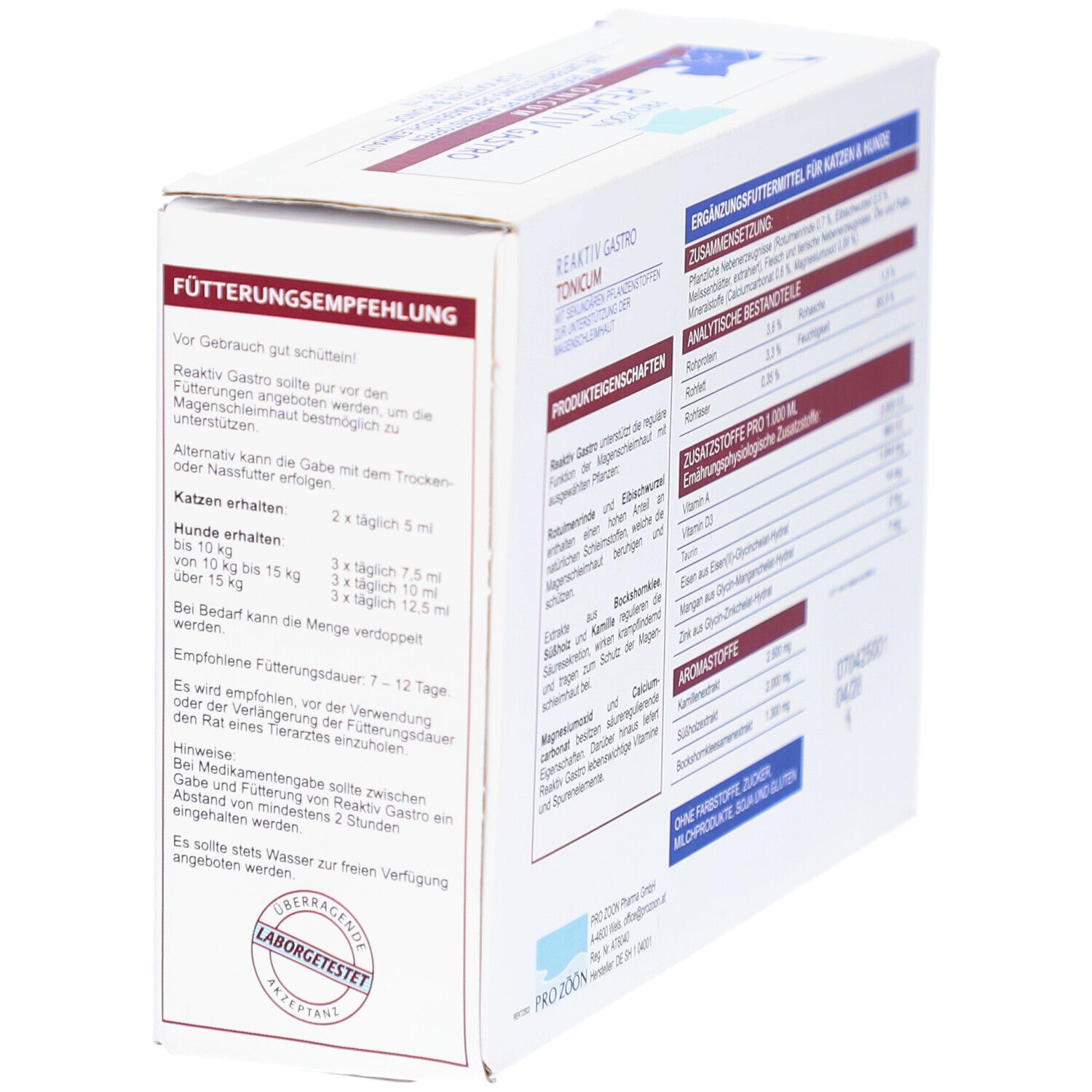 Karton mit Produktinformationen. Enthält Angaben zur Fütterungsempfehlung. Logo Pro Zoön. Laborgetestet.