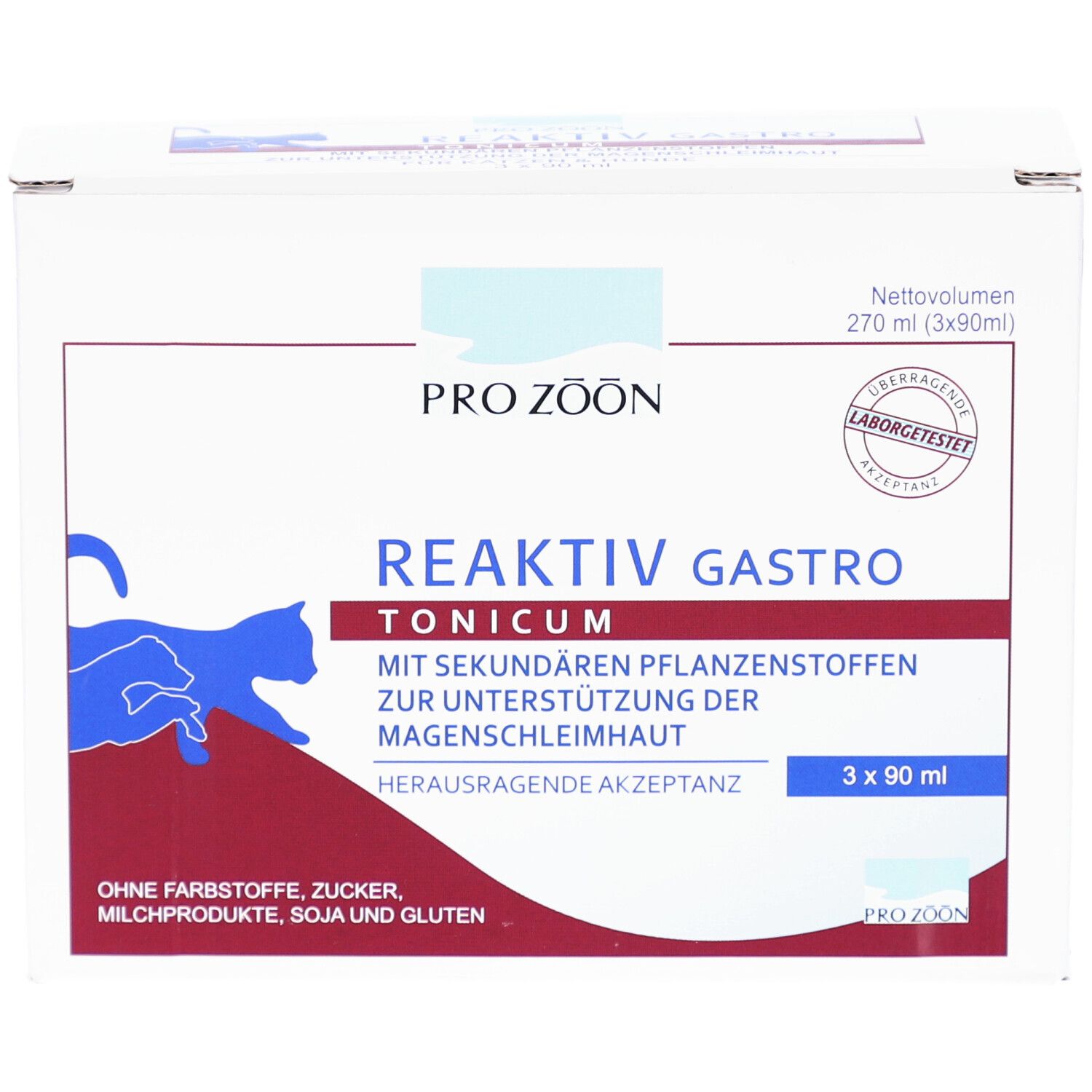 Karton mit Produktbezeichnung und Logo. Enthält 3 Flaschen à 90 ml. Aufdruck: Reaktiv Gastro Tonicum. Logo Pro Zoön.