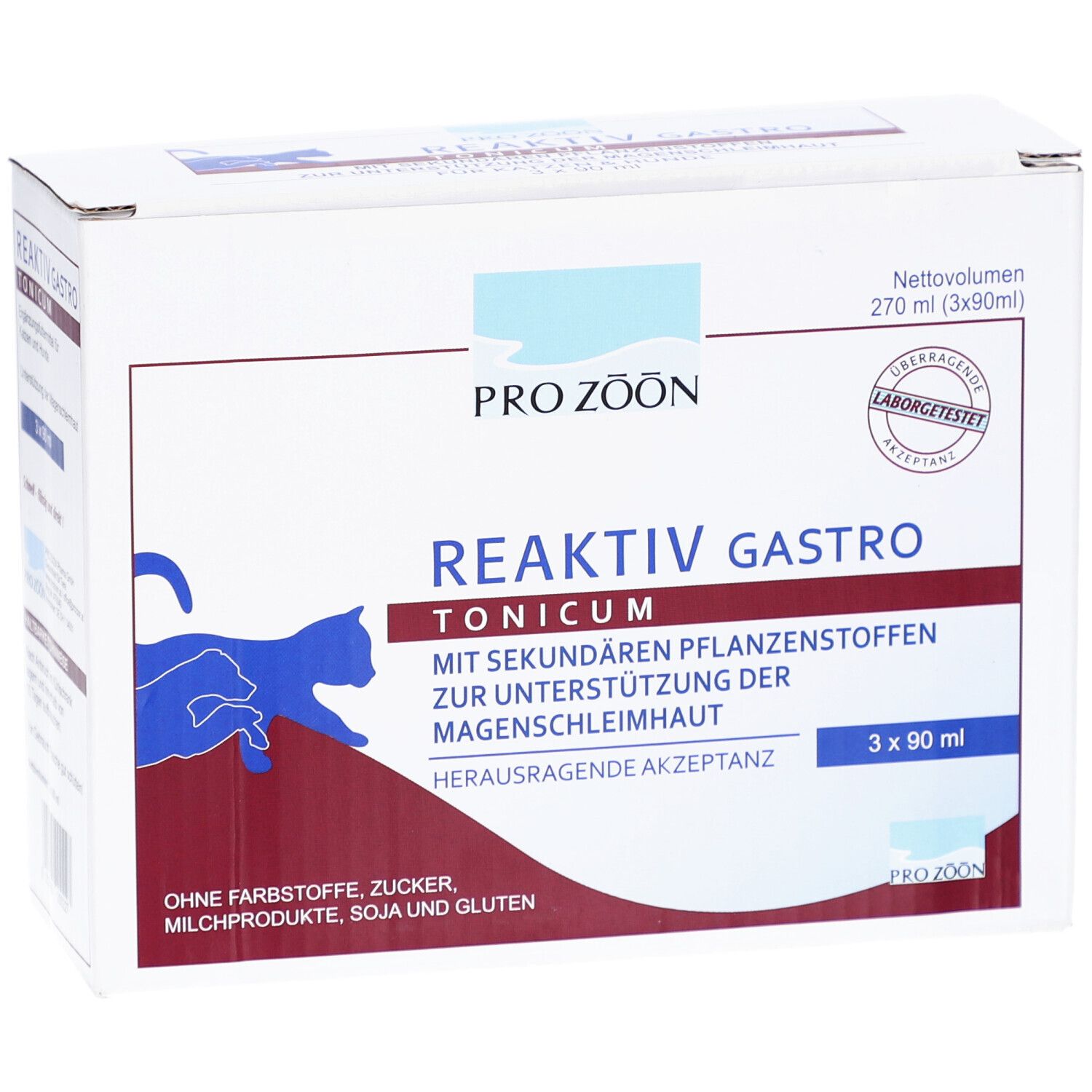 Karton mit Produktbezeichnung und Logo. Enthält 3 Flaschen à 90 ml. Aufdruck: Reaktiv Gastro Tonicum. Logo Pro Zoön.