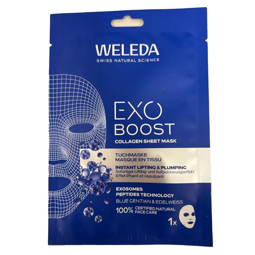 Weleda Exo Boost Tuchmaske: Blaue Verpackung mit Gesichtsmasken-Grafik und Produktinformationen.