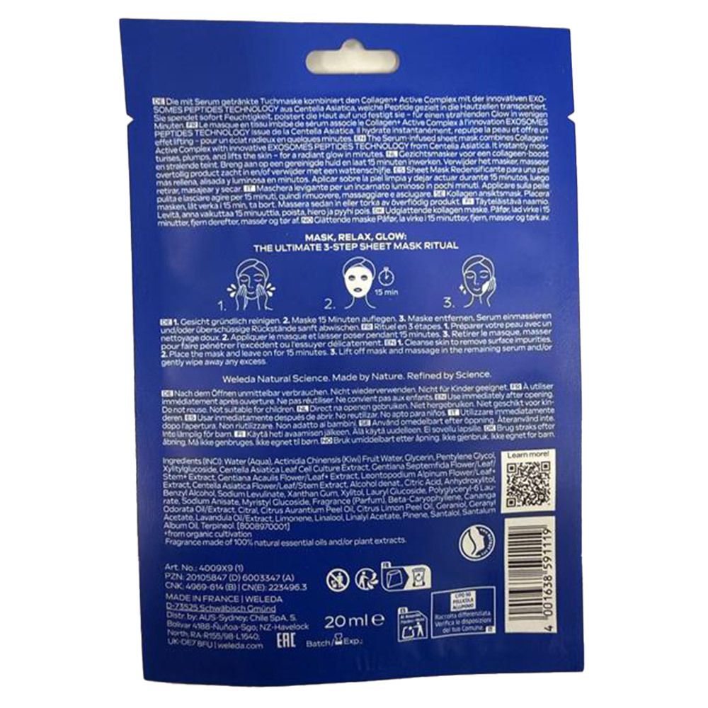 Rückseite der Weleda Exo Boost Tuchmasken-Verpackung mit Anwendungshinweisen und Inhaltsstoffen.