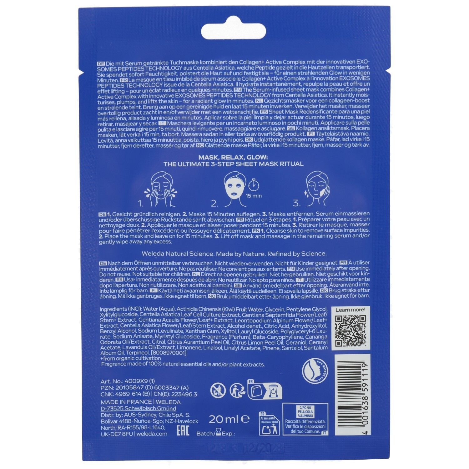 Blau-weiße Verpackung. Text: MASK, RELAX, GLOW. 20 ml. Enthält Informationen zur Anwendung. Marke WELEDA.