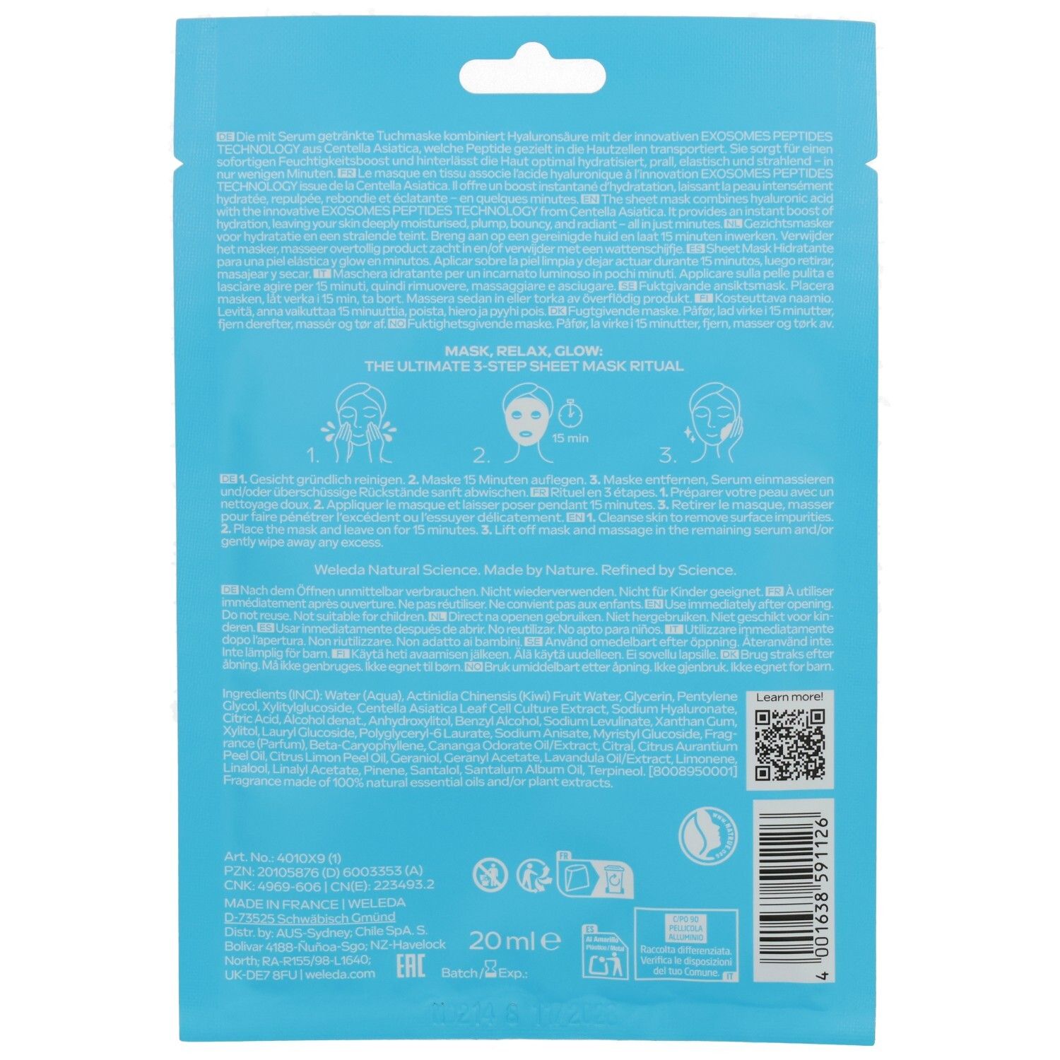 Hinterseite der Weleda Exo Boost Tuchmaske. Hellblaue Verpackung mit Text und Illustrationen. Enthält Informationen zur Anwendung und Inhaltsstoffe.