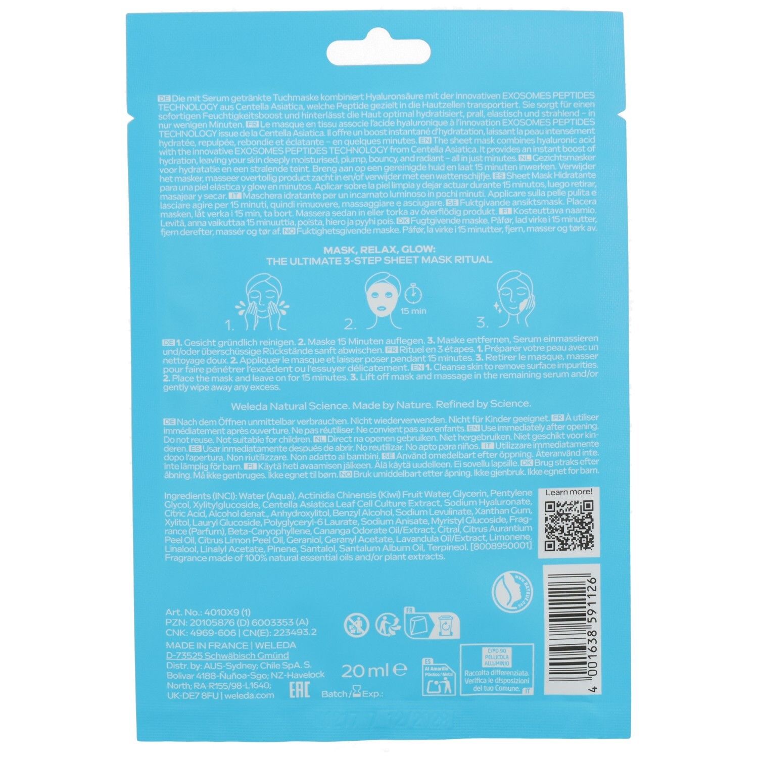 Rückseite der Weleda Exo Boost Tuchmaske. Hellblaue Verpackung mit Text und Illustrationen. Enthält Informationen zur Anwendung und Inhaltsstoffe.