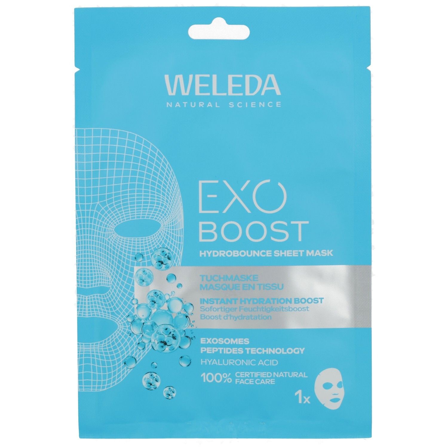 Vorderseite der Weleda Exo Boost Tuchmaske. Hellblaue Verpackung mit Produktnamen und Logo. Enthält Informationen zu Inhaltsstoffen und Zertifizierungen.