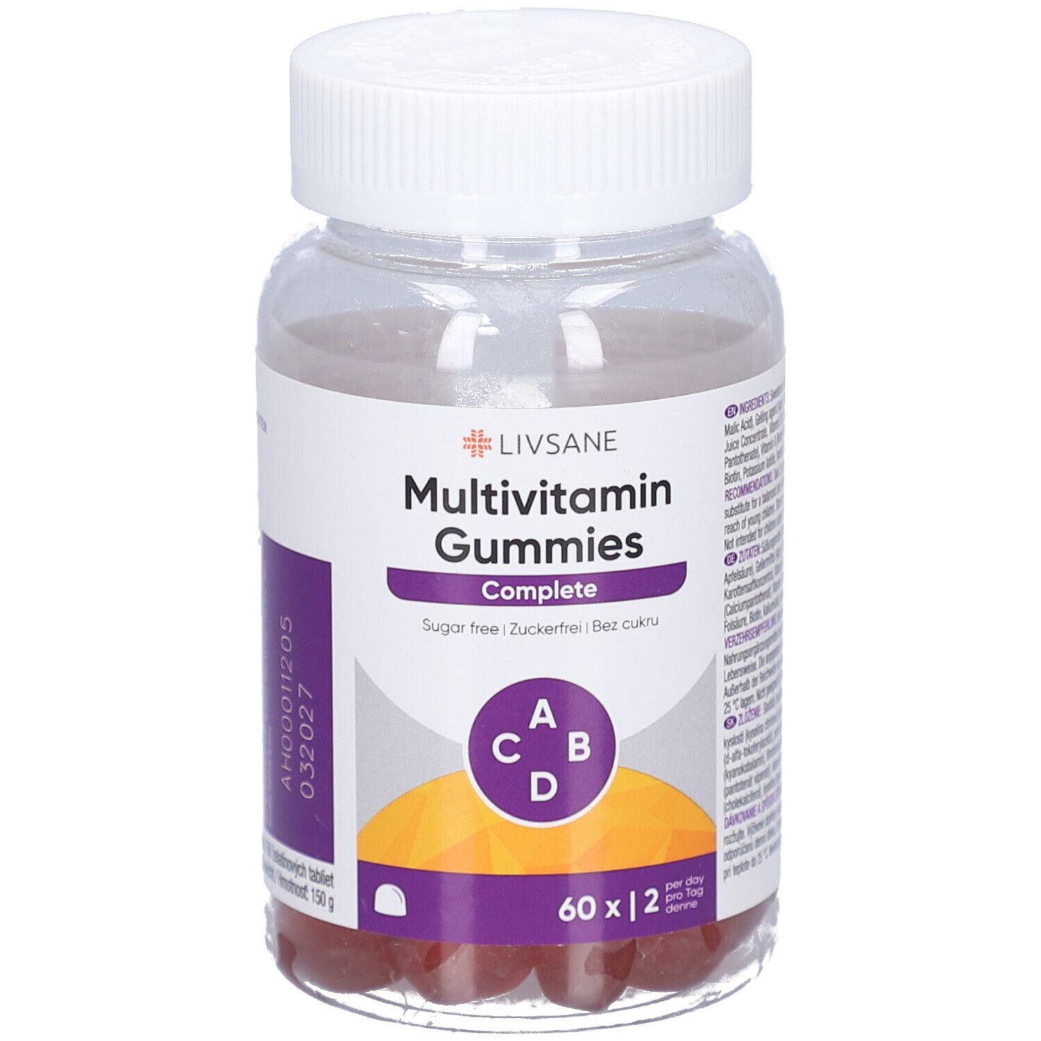 Klare Kunststoffdose mit weißen Deckel. Aufkleber mit Produktnamen und Vitamin-Symbolen. Rote Gummibärchen sichtbar.