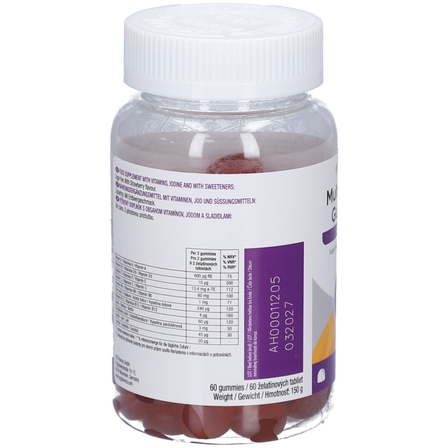 Rückseite der Flasche. Etikett mit Nährwertangaben und Inhaltsstoffen. Rote Gummibärchen im Inneren sichtbar.