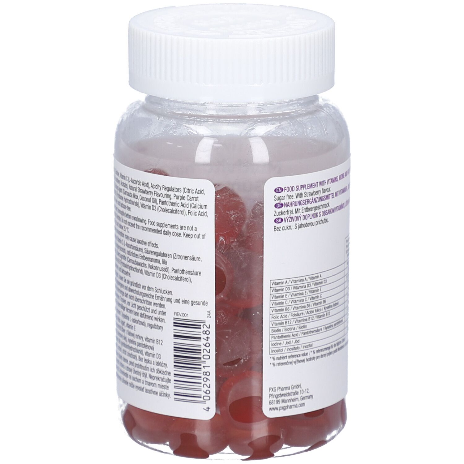 Rückansicht der Flasche. Etikett mit Inhaltsstoffen und Warnhinweisen. Rote Gummibärchen im Inneren sichtbar.