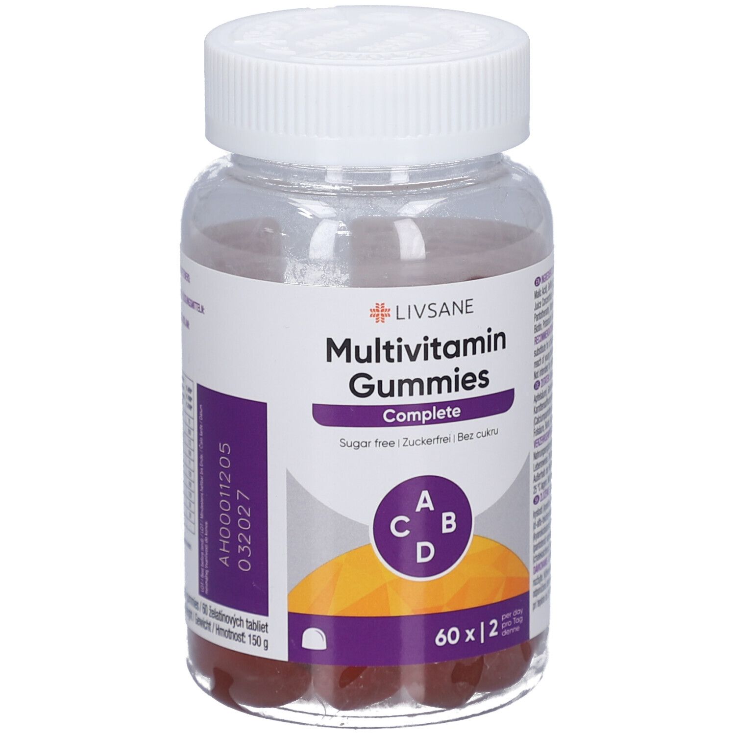 Klare Kunststoffdose mit weißen Deckel. Aufkleber mit Produktnamen und Vitamin-Symbolen. Rote Gummibärchen sichtbar.