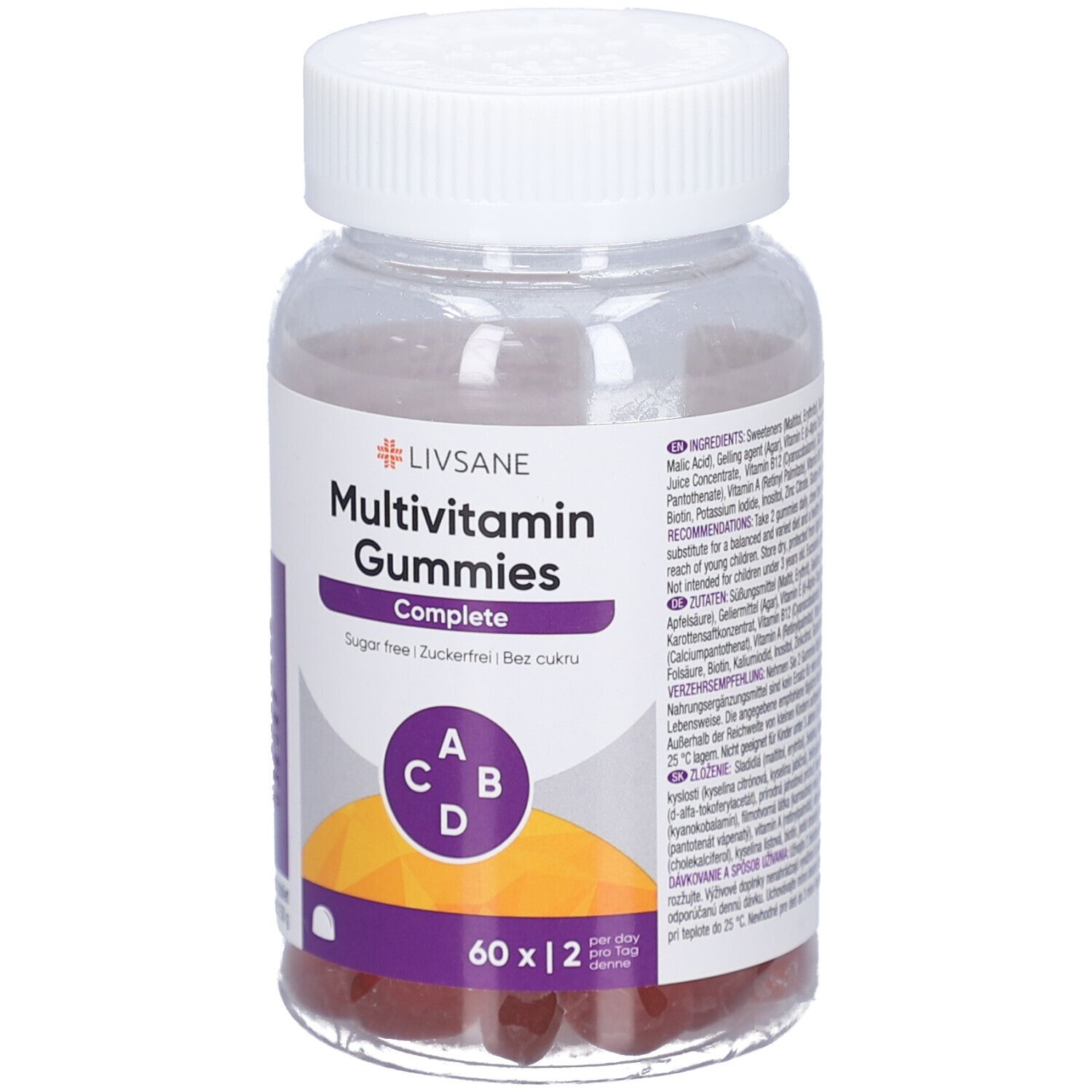 Klare Kunststoffdose mit weißen Deckel. Aufkleber mit Produktnamen und Vitamin-Symbolen. Rote Gummibärchen sichtbar.