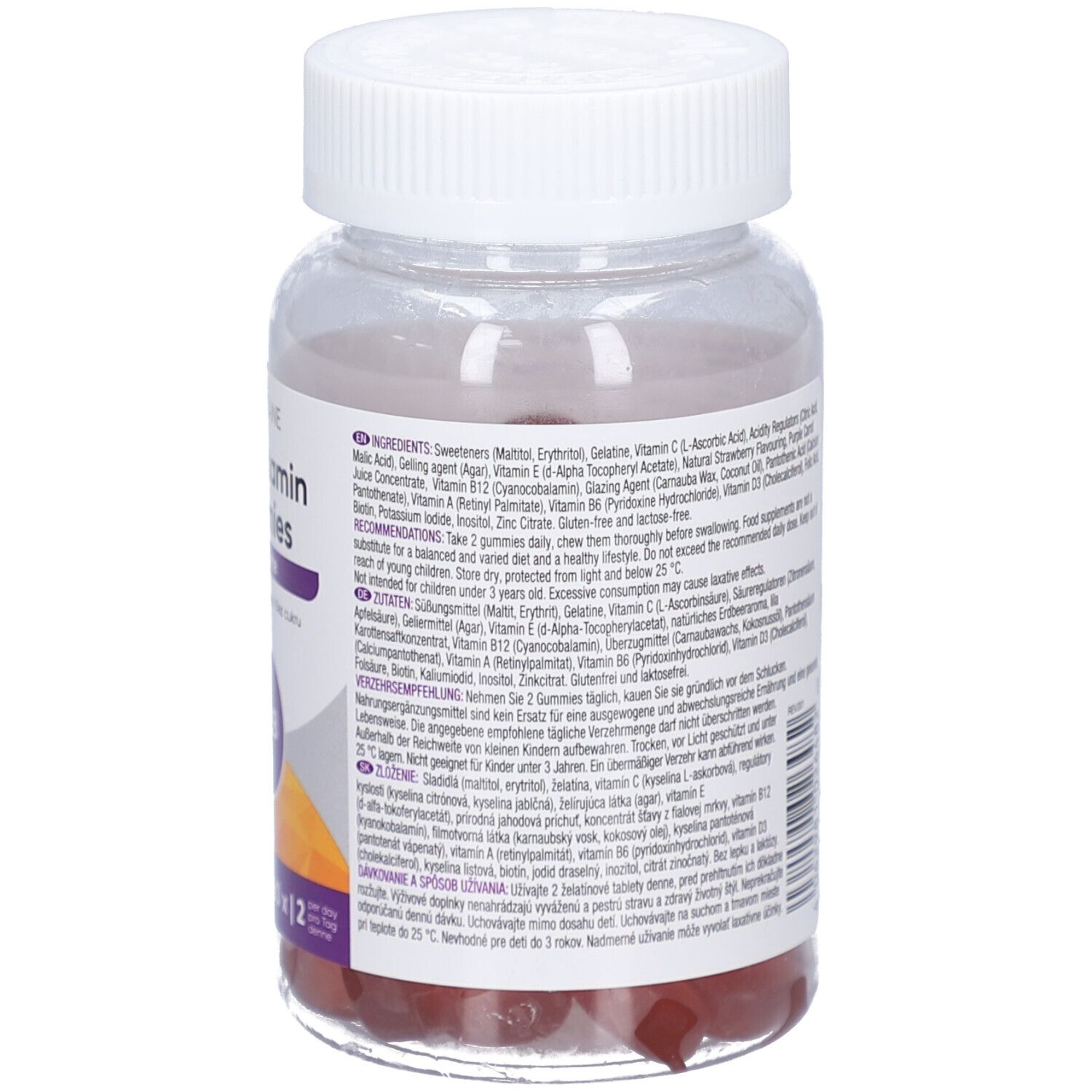 Rückseite der Flasche. Etikett mit Inhaltsstoffen und Warnhinweisen. Rote Gummibärchen im Inneren sichtbar.