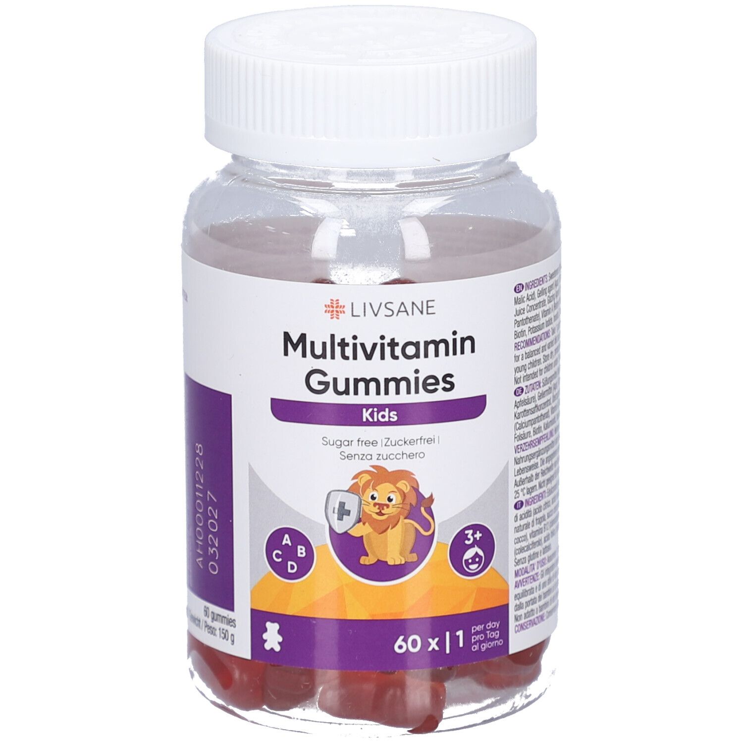 Klare Dose mit Multivitamin Gummies für Kinder. Aufschrift: LIVSANE, Multivitamin Gummies Kids. 60 Stück.