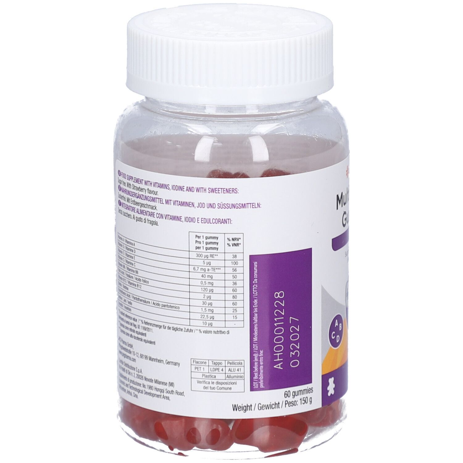 Rückseite der Multivitamin Gummies Dose. Enthält Informationen zu Inhaltsstoffen und Nährwerten. 60 Gummies.