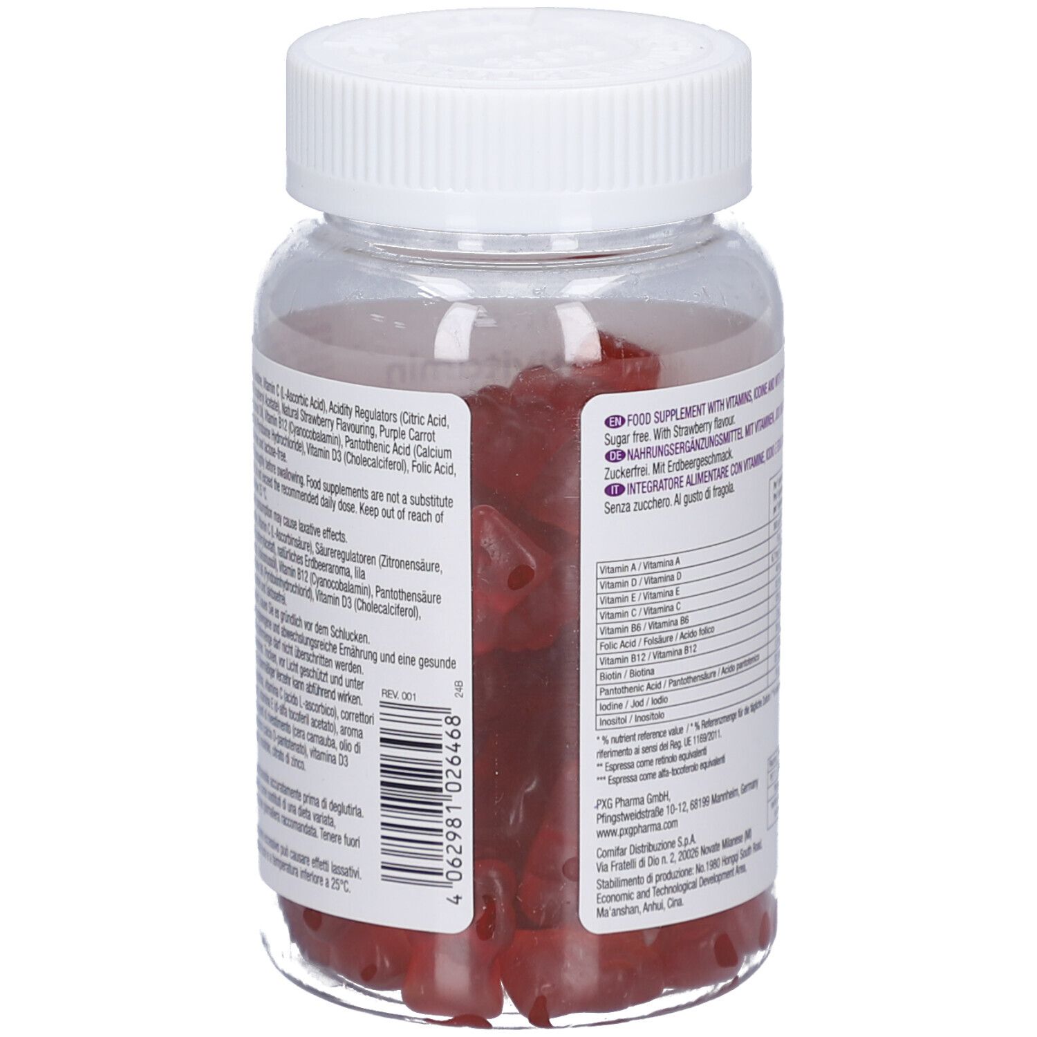 Rückansicht der Multivitamin Gummies Dose. Enthält Informationen zu Inhaltsstoffen und Nährwerten. 60 Gummies.