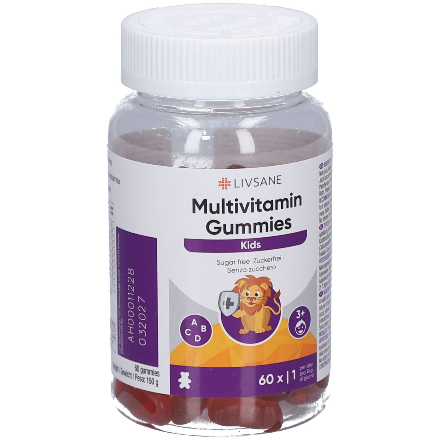 Klare Dose mit Multivitamin Gummies für Kinder. Aufschrift: LIVSANE, Multivitamin Gummies Kids. 60 Stück.