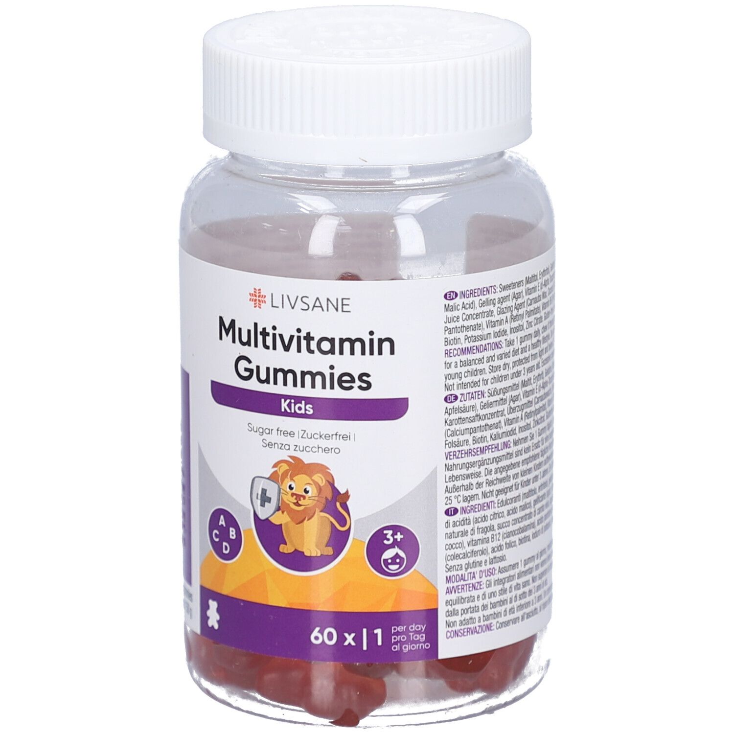 Klare Dose mit Multivitamin Gummies für Kinder. Aufschrift: LIVSANE, Multivitamin Gummies Kids. 60 Stück.