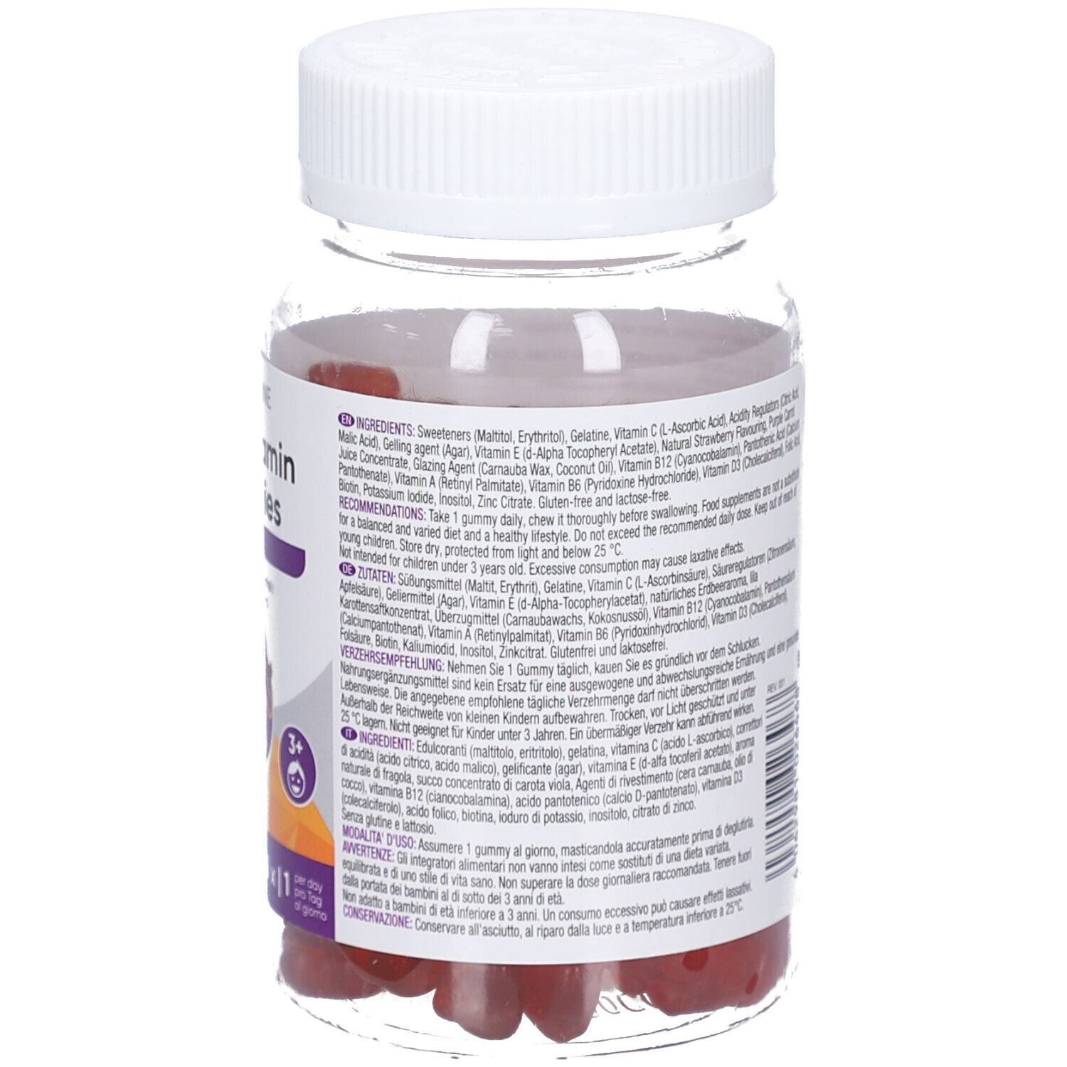 Rückseite der Multivitamin Gummies Dose. Enthält Informationen zu Inhaltsstoffen und Nährwerten. 60 Gummies.