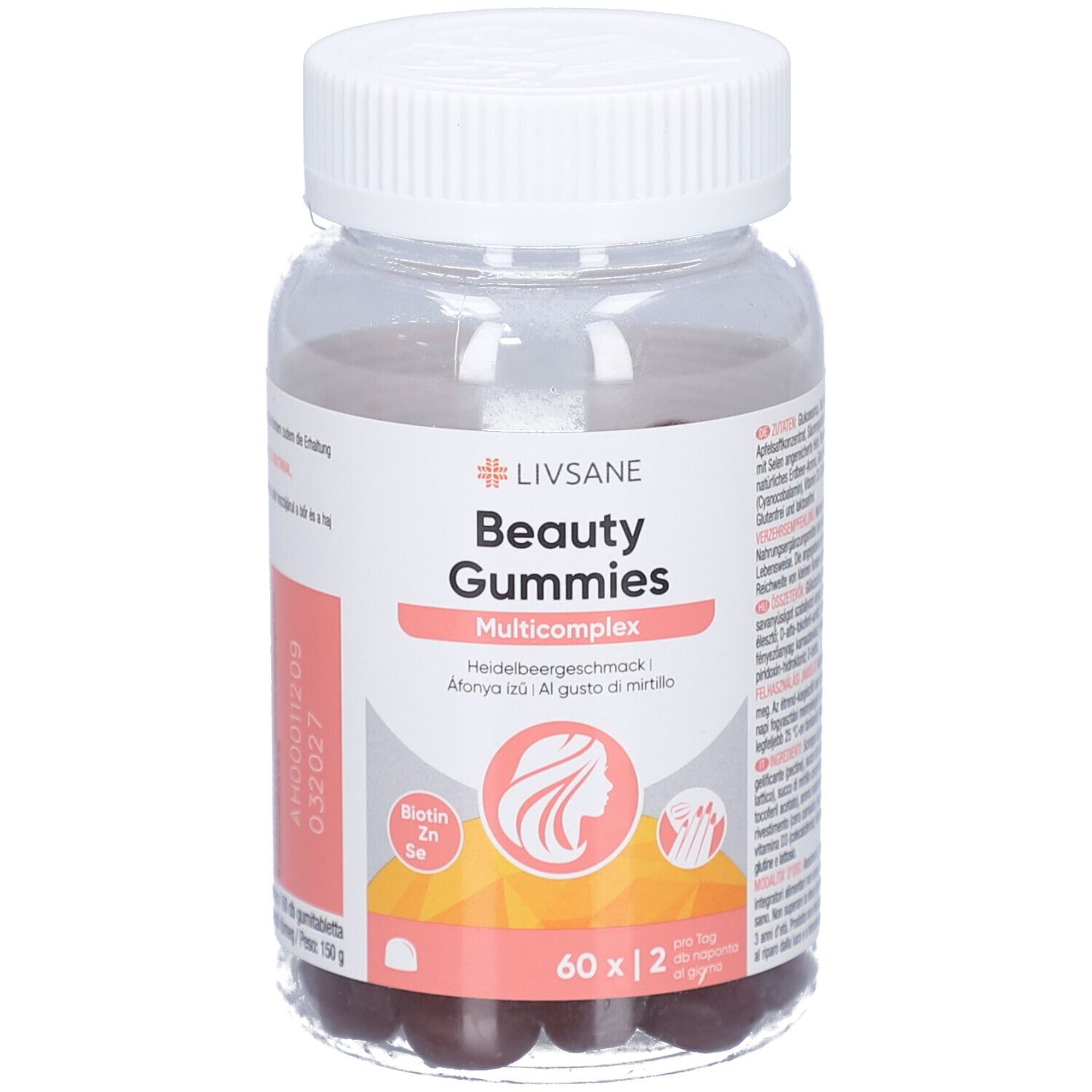 Klare Plastikflasche mit weißen Deckel. LIVSANE Beauty Gummies Multicomplex. 60 Gummies. Heidelbeergeschmack. Biotin, Zink, Selen.