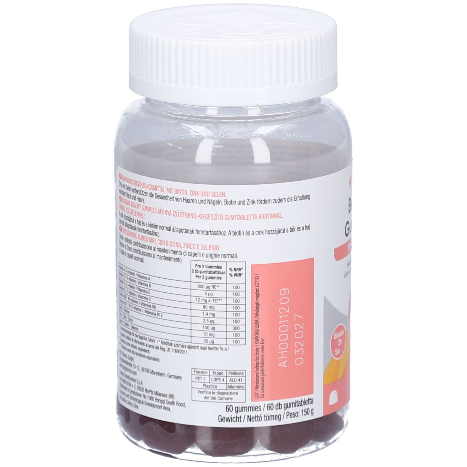 Rückseite der Flasche. Textinformationen. 60 Gummies. Zutatenliste. Nährwertangaben. AH00011209. 032027. 150g.