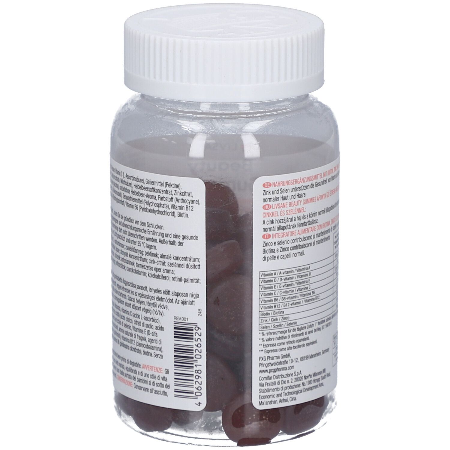 Rückseite der Flasche. Textinformationen. Zutatenliste. Nährwertangaben. 60 Gummies. 150g. Barcode. Hergestellt in Deutschland.