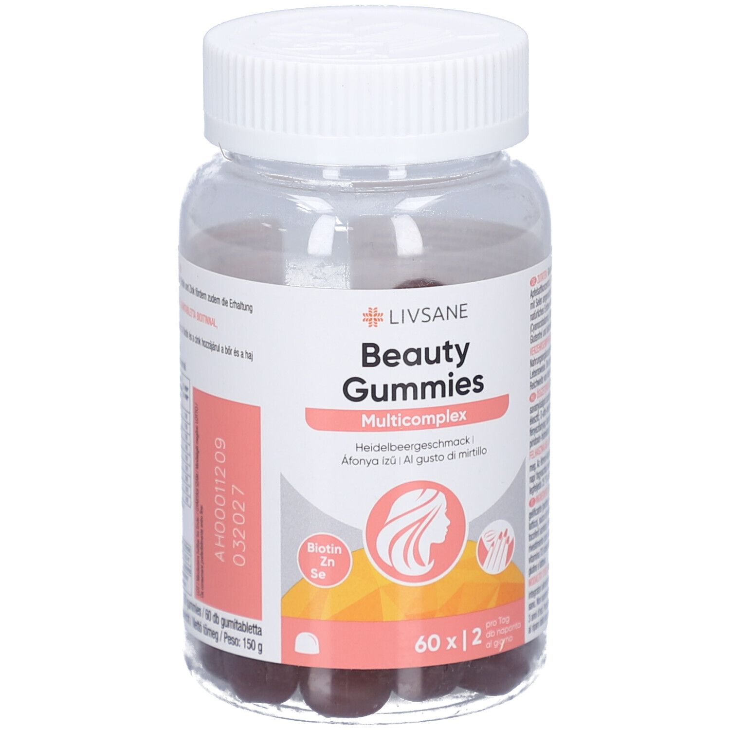 Klare Plastikflasche mit weißen Deckel. LIVSANE Beauty Gummies Multicomplex. 60 Gummies. Heidelbeergeschmack. Biotin, Zink, Selen.