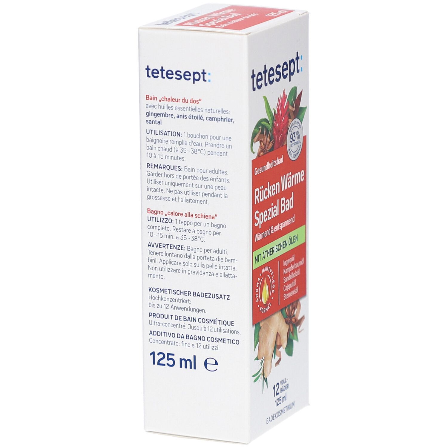 tetesept Rücken Wärme Spezial Bad. Verpackung mit Text in Deutsch, Französisch und Italienisch. 125 ml.