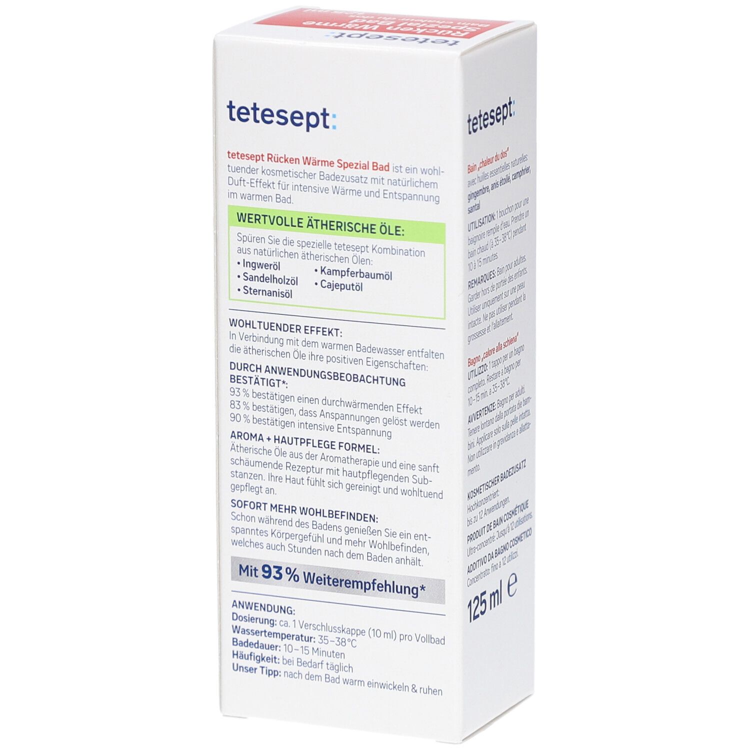 tetesept Rücken Wärme Spezial Bad. Verpackung mit Text über Inhaltsstoffe und Anwendung. 125 ml.