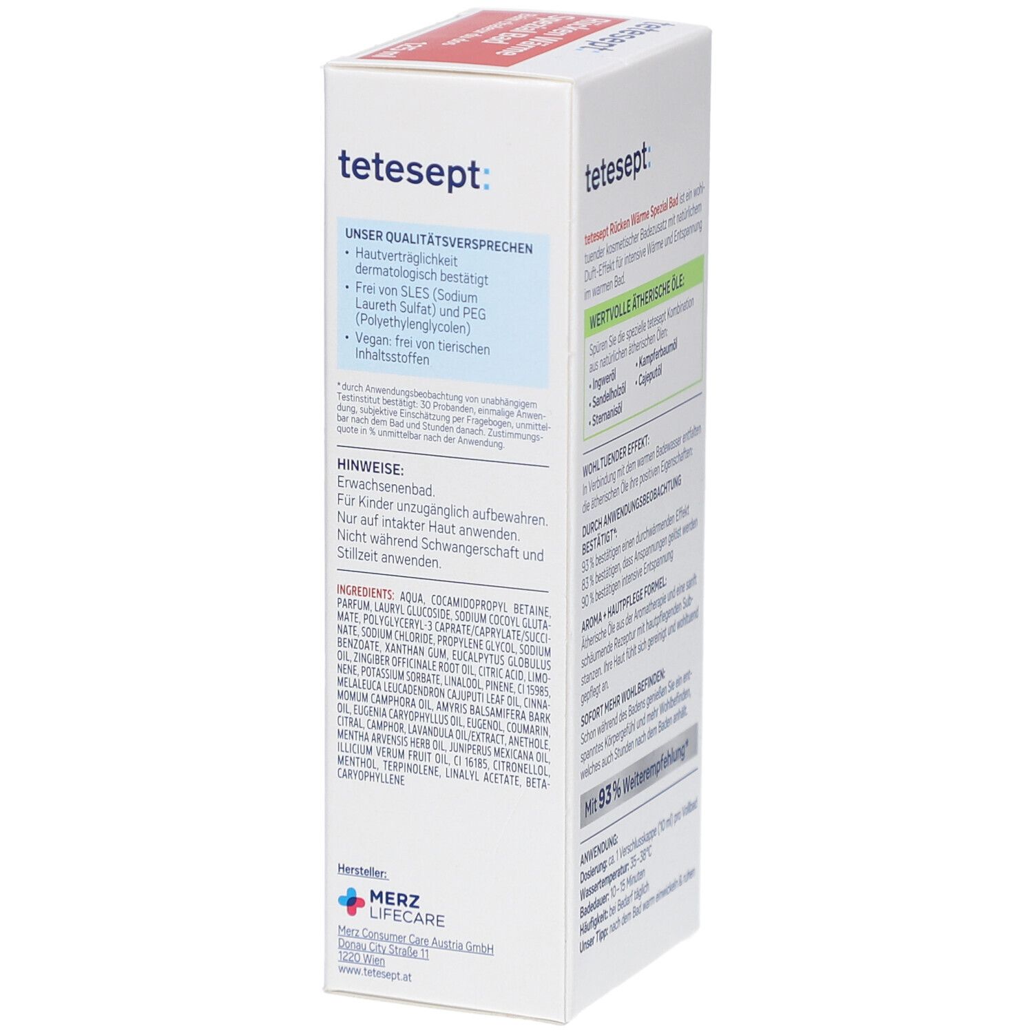 tetesept Rücken Wärme Spezial Bad. Verpackung mit Text über Inhaltsstoffe und Hinweise. 125 ml.
