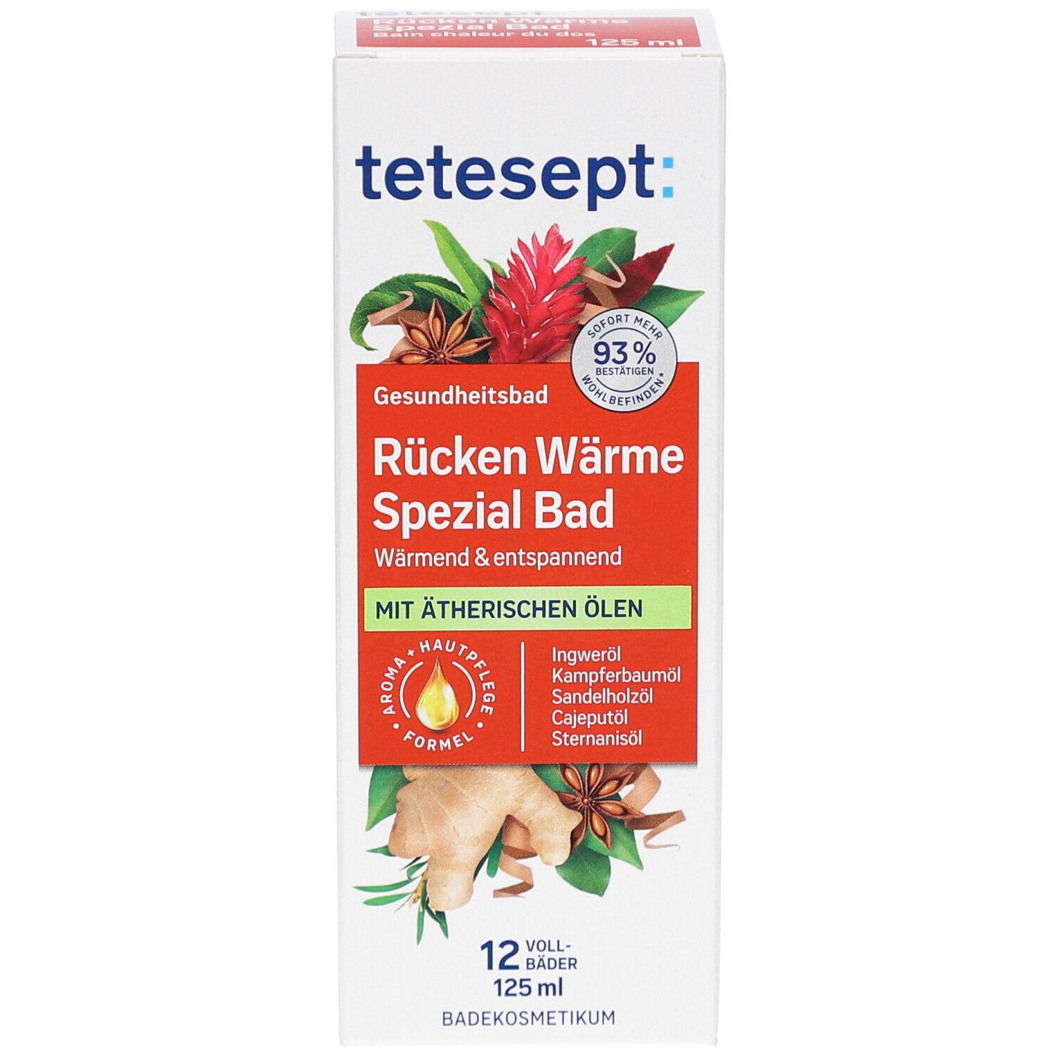 tetesept Rücken Wärme Spezial Bad. Weiße Verpackung mit Produktbildern und Text. 125 ml.