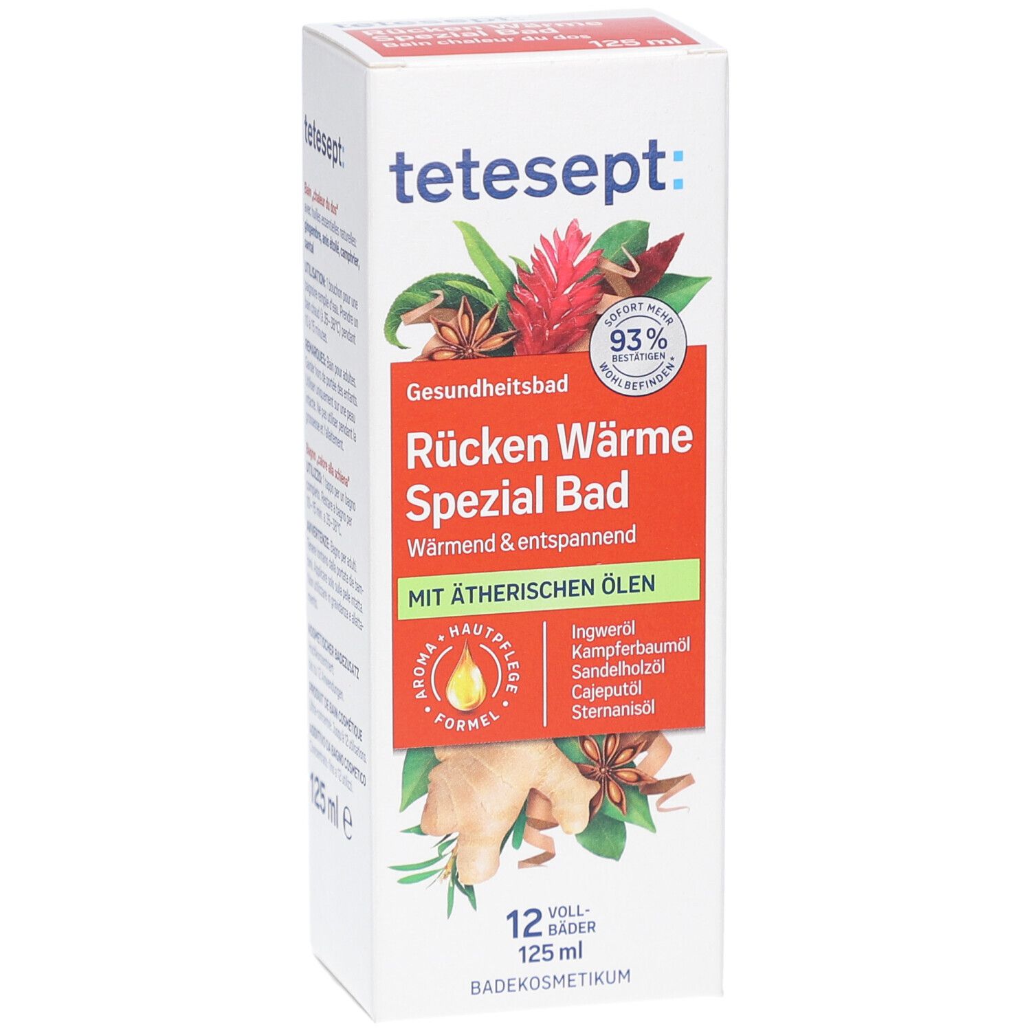 tetesept Rücken Wärme Spezial Bad. Weiße Verpackung mit Produktbildern und Text. 125 ml.