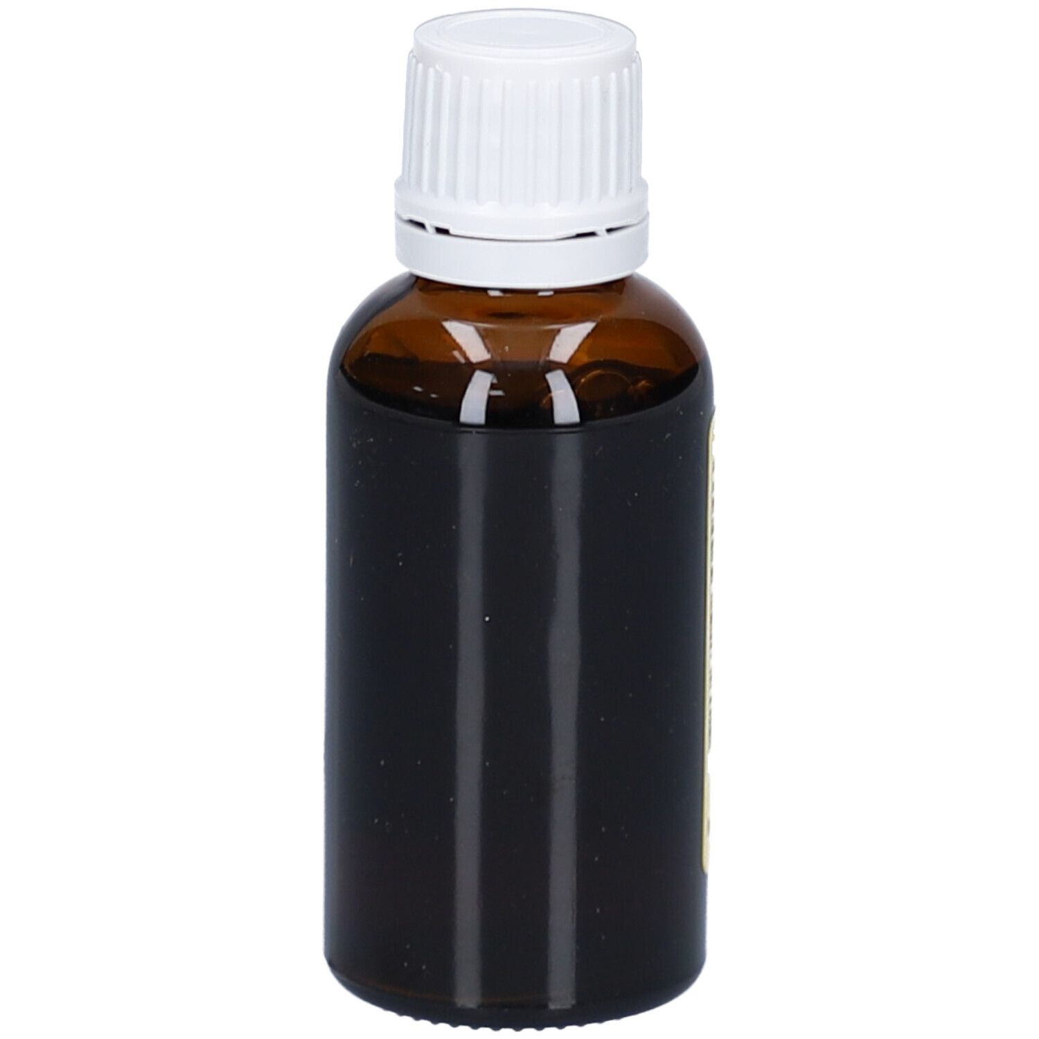 Braune Glasflasche mit weißem Schraubverschluss. Keine sichtbaren Etiketteninformationen.