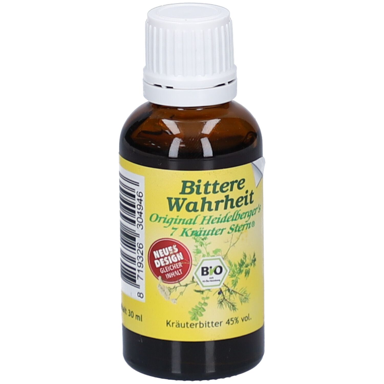 Braune Glasflasche mit weißem Schraubverschluss. Gelbes Etikett mit Produktnamen und Bio-Siegel. Kräuterbitter 45% vol.