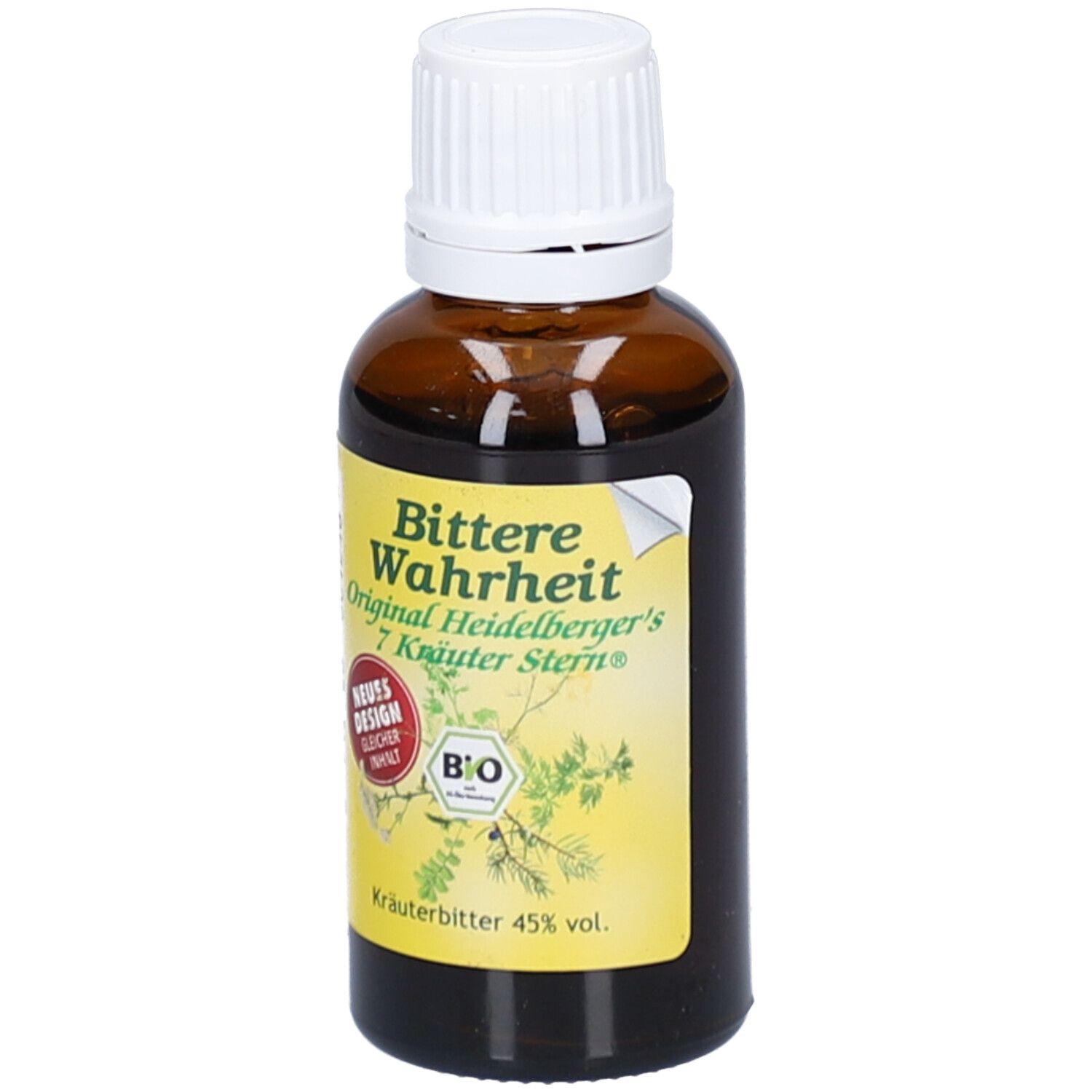 Braune Glasflasche mit weißem Schraubverschluss. Gelbes Etikett mit Produktnamen und Bio-Siegel. Kräuterbitter 45% vol.