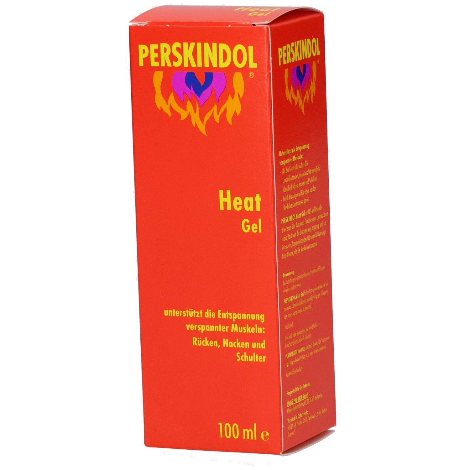 Rote Produktverpackung mit gelber Schrift. Oben steht PERSKINDOL. Darunter Heat Gel. Unten steht 100 ml e.