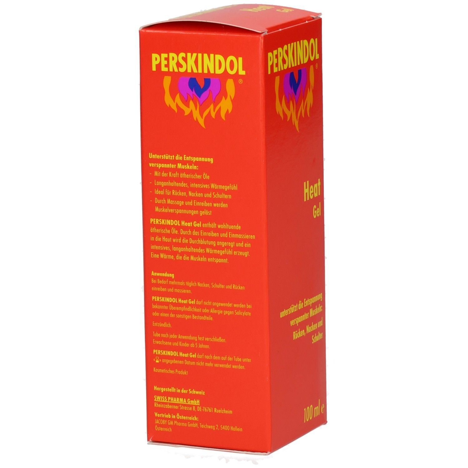 Rote Produktverpackung mit Text. Oben steht PERSKINDOL. Auf der Seite Text in deutscher Sprache. Unten steht 100 ml e.