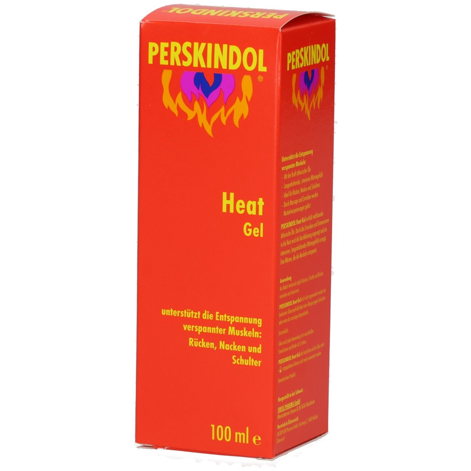 Rote Produktverpackung mit gelber Schrift. Oben steht PERSKINDOL. Darunter Heat Gel. Unten steht 100 ml e.